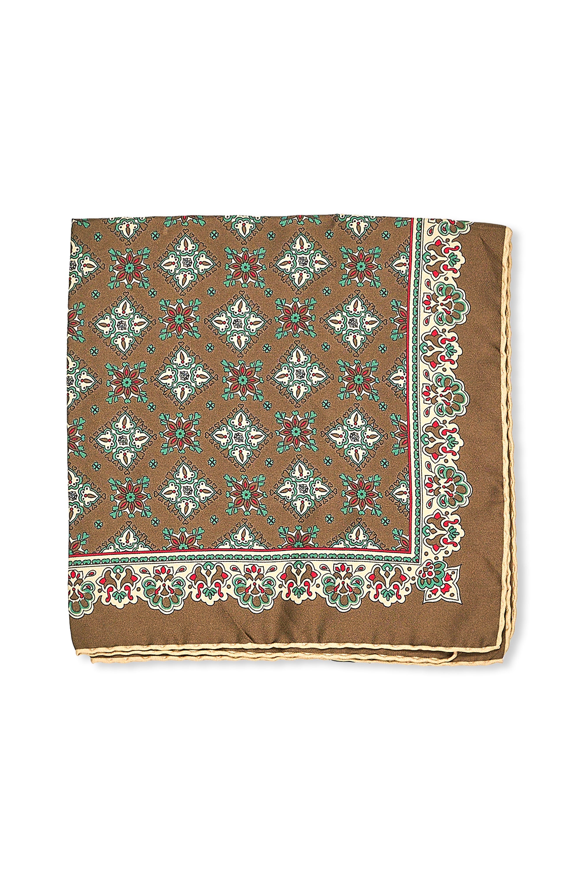 Sera Fine Silk Brown with Green/Red/Beige Silk Pocket Square