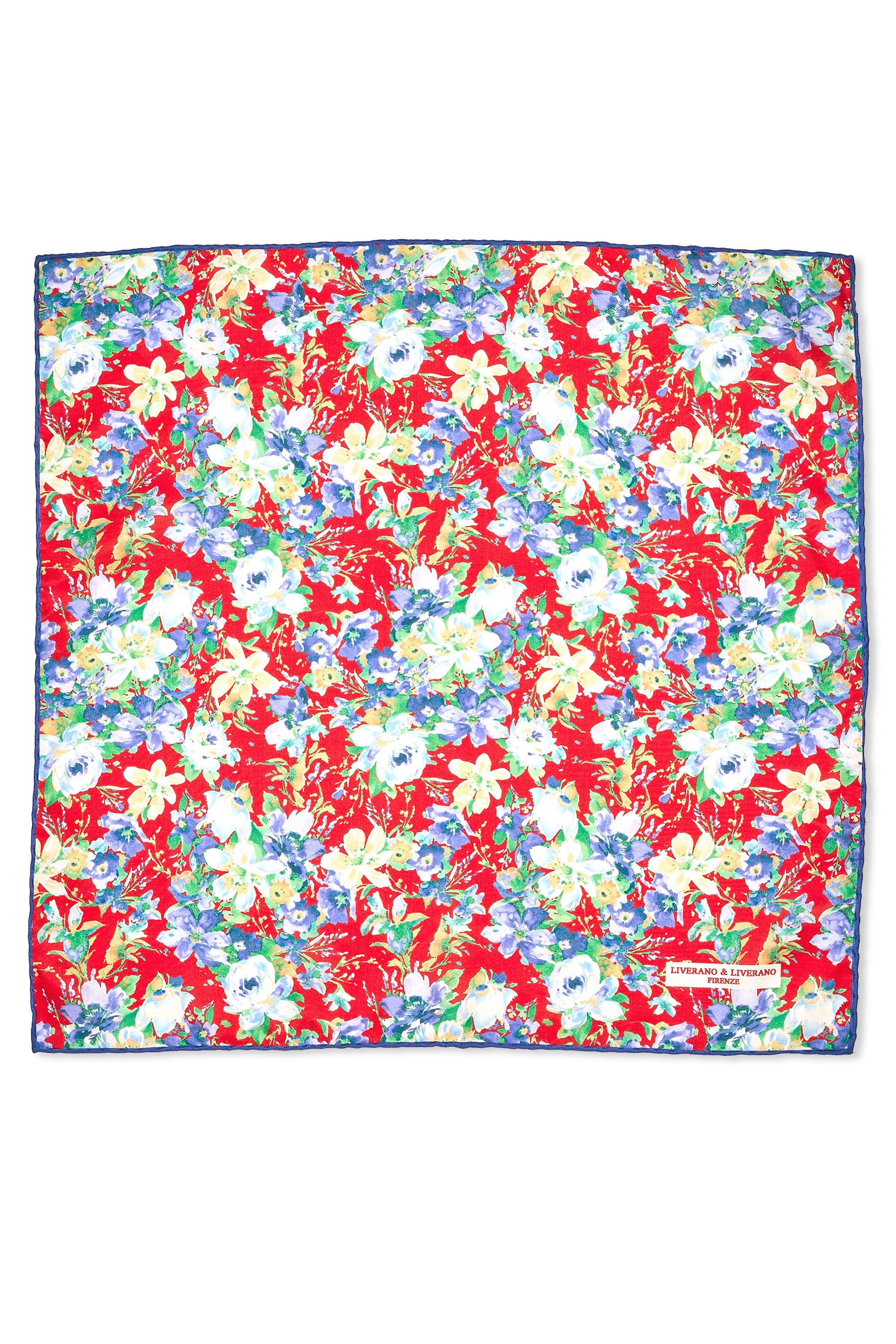 Liverano & Liverano Red with Blue Flower Pattern Silk Pocket Square