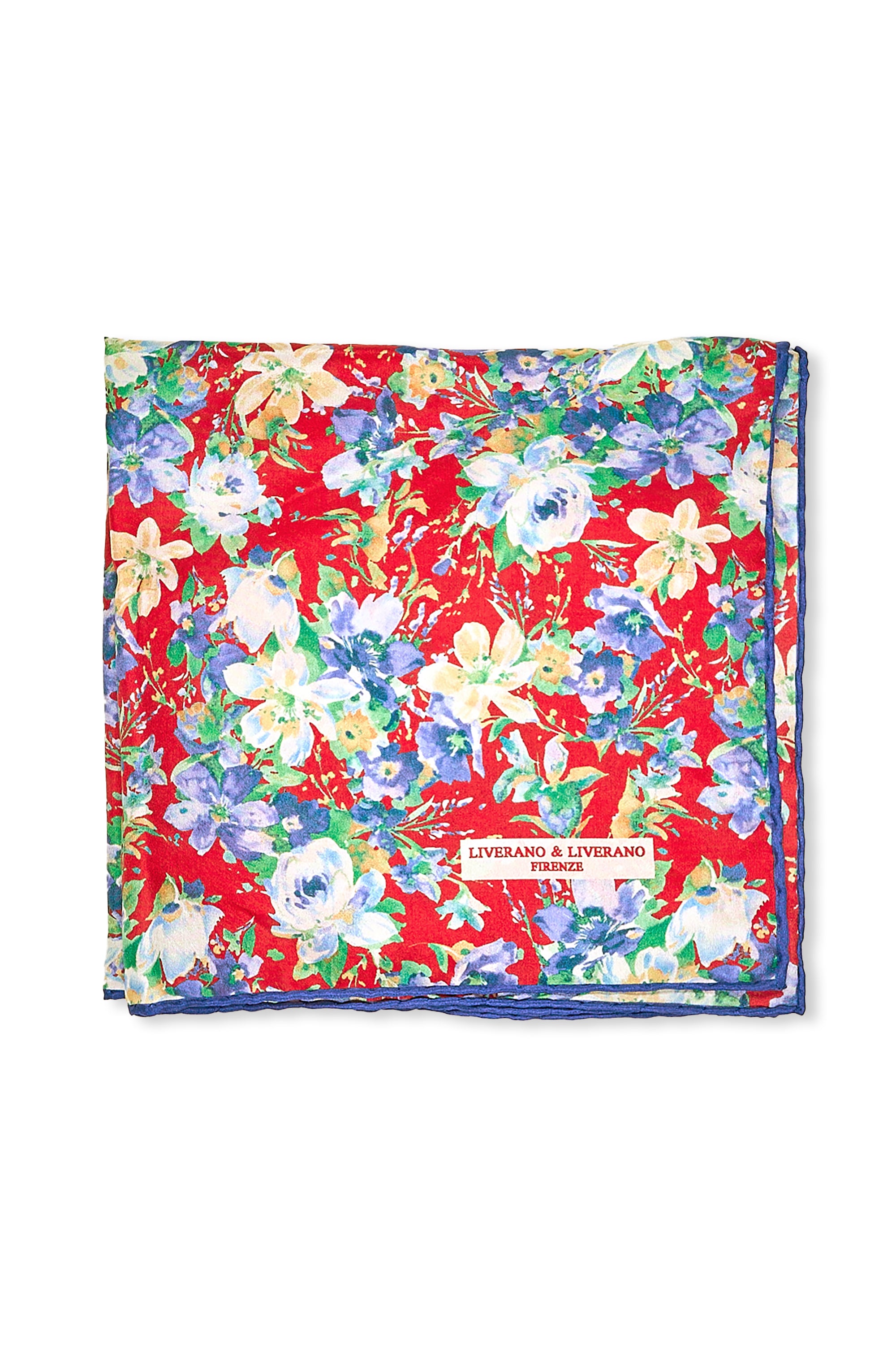 Liverano & Liverano Red with Blue Flower Pattern Silk Pocket Square