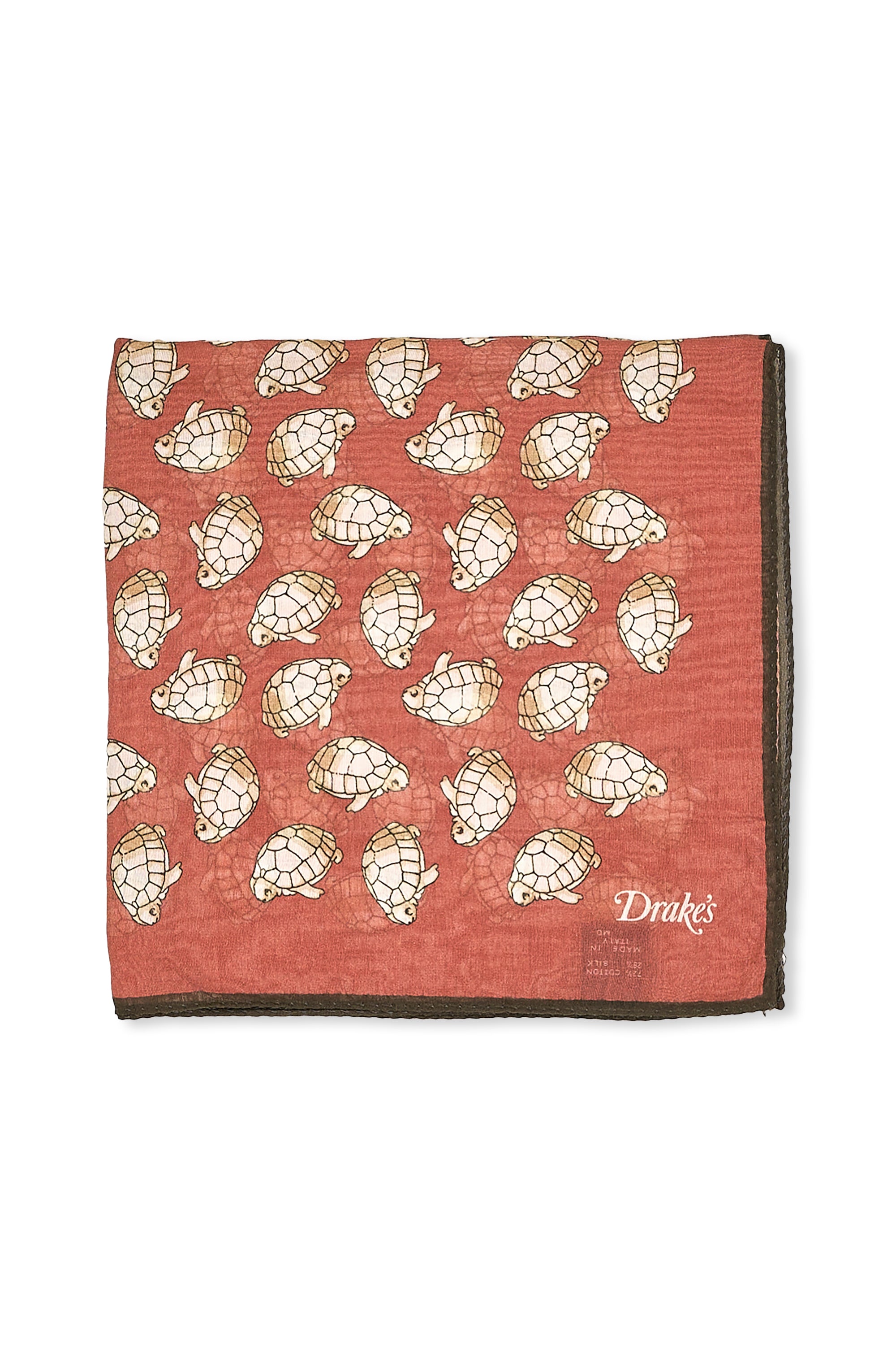 Drake's Red with Beige Turtle Pattern Cotton/Silk Pocket Square