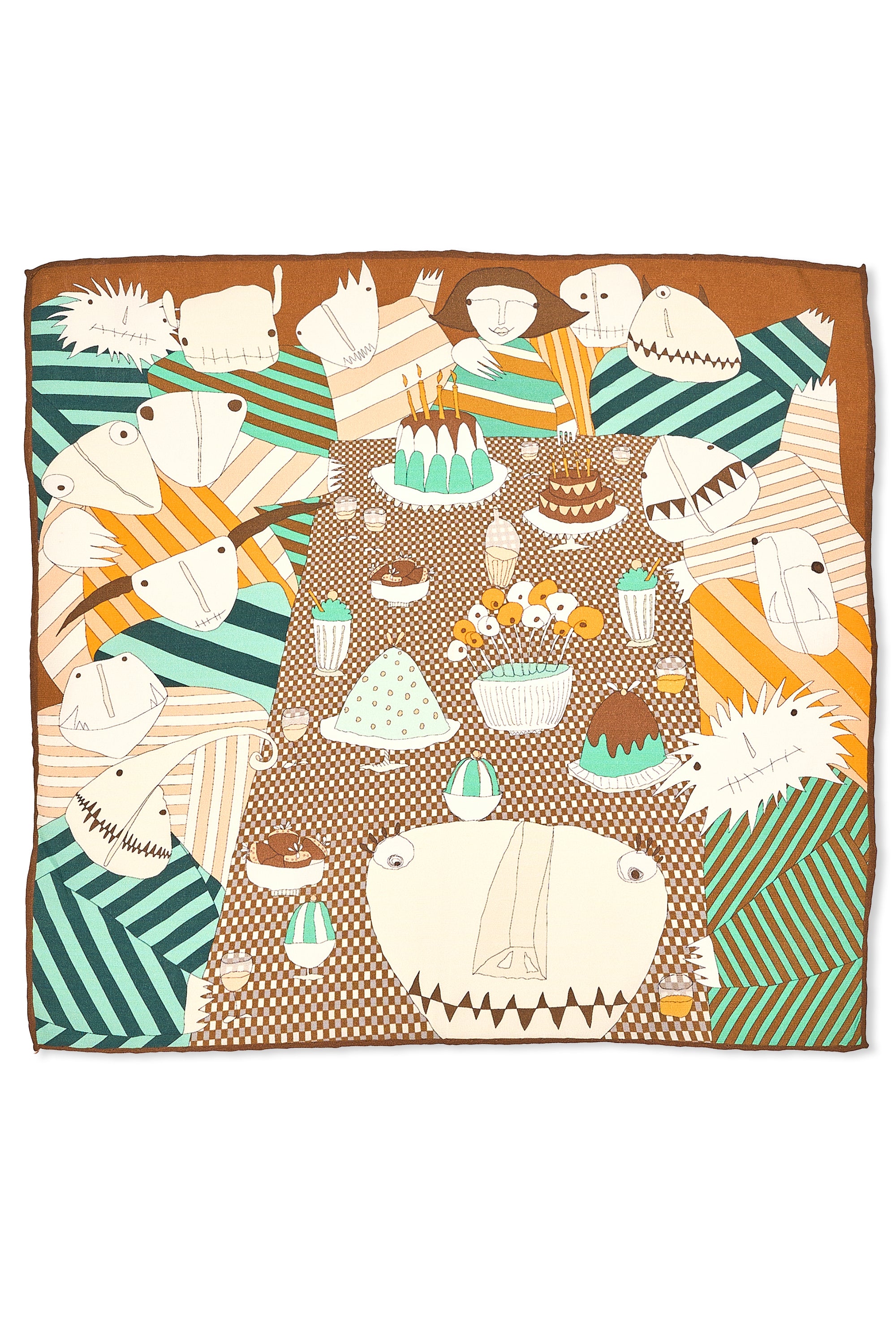 Rumisu Brown/Green/Orange Dining Design Silk Pocket Square