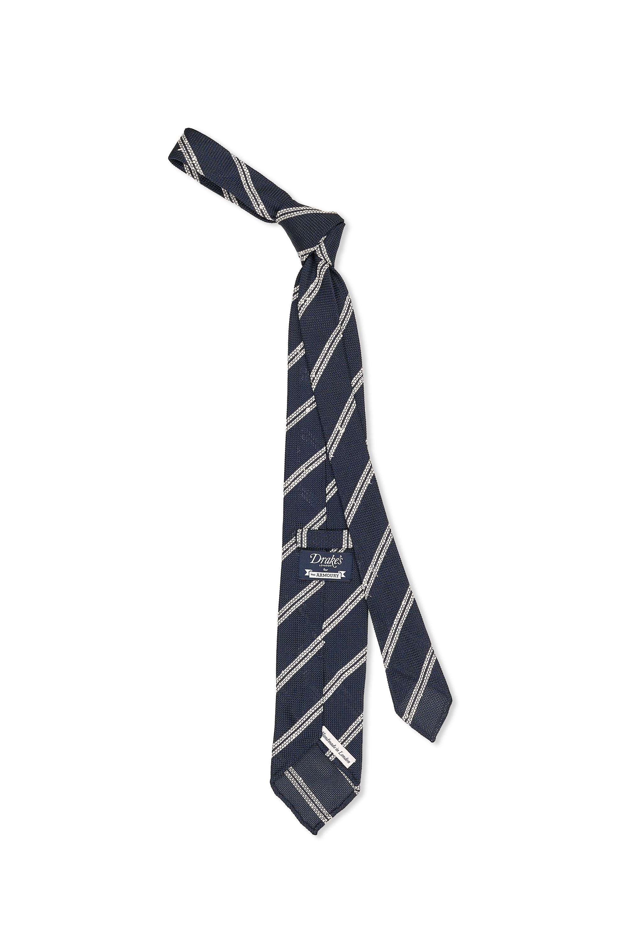 Drake's Navy with Double White Stripe Silk Tie