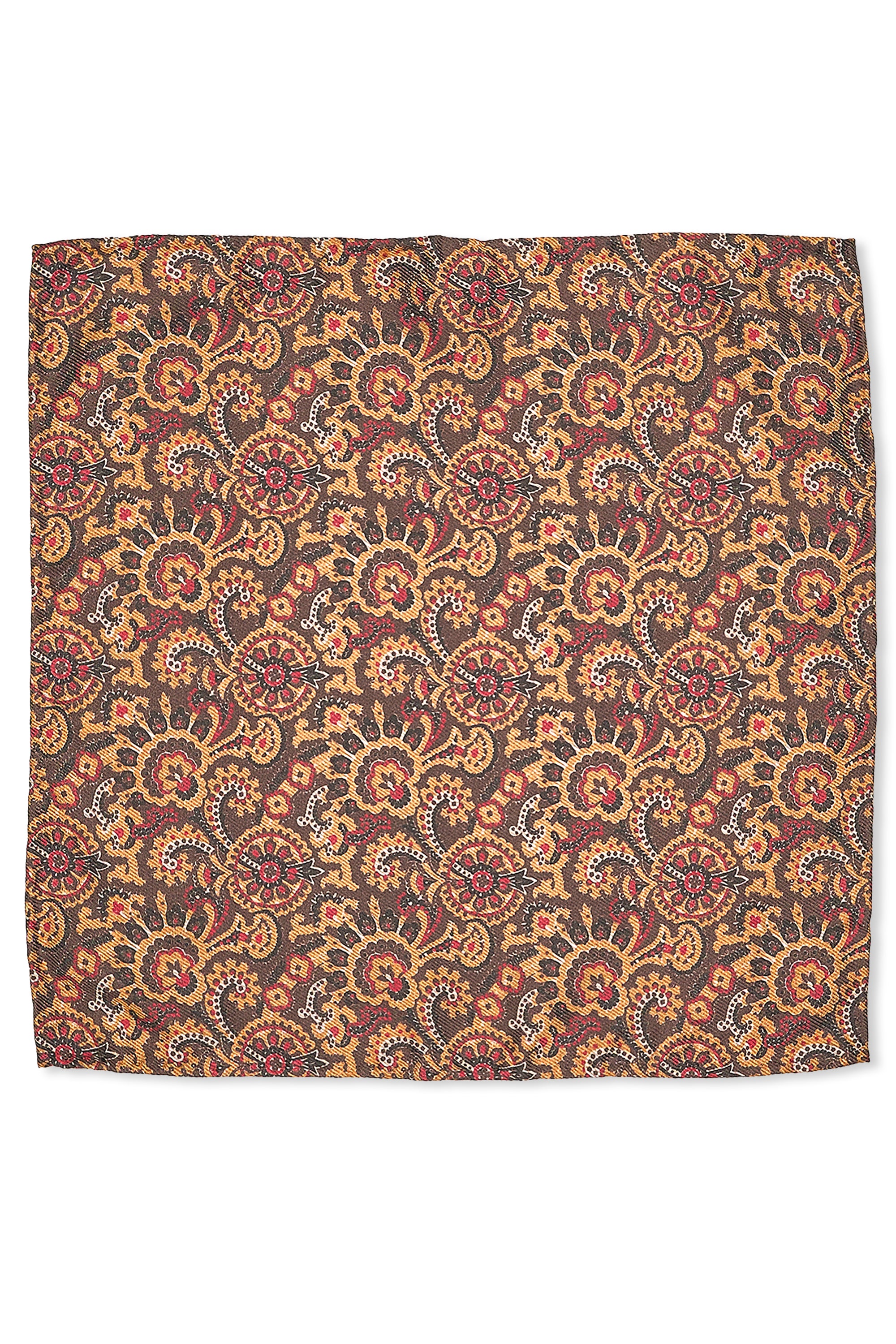 Kenji Kaga Brown with Orange/Red/Black Silk Pocket Square