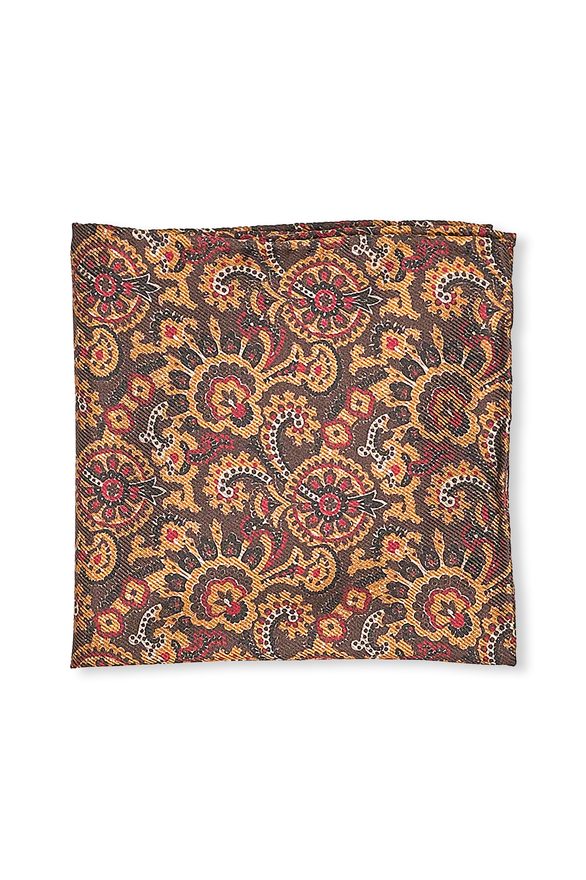 Kenji Kaga Brown with Orange/Red/Black Silk Pocket Square