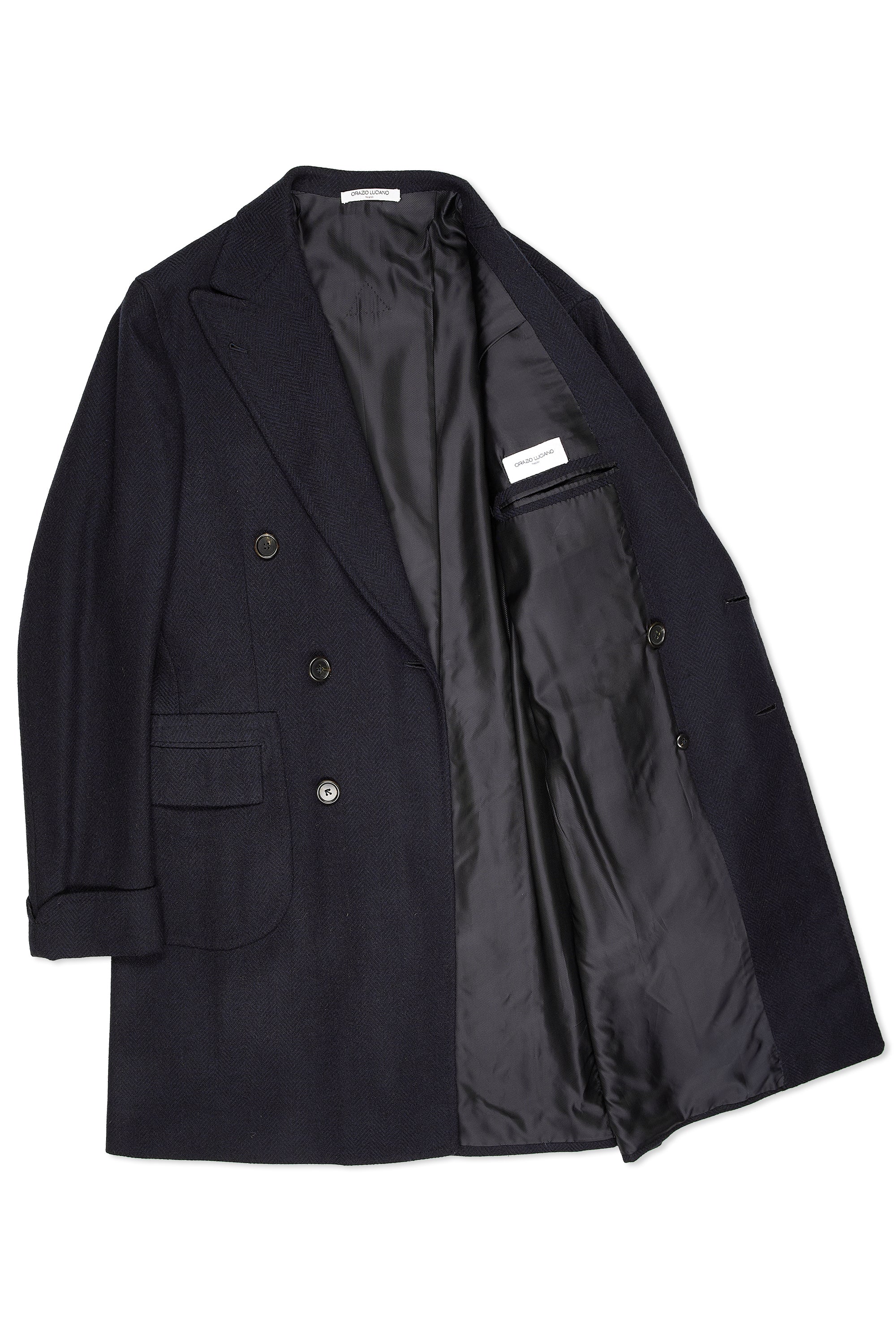 Orazio Luciano Navy Herringbone Wool/Cashmere DB Overcoat