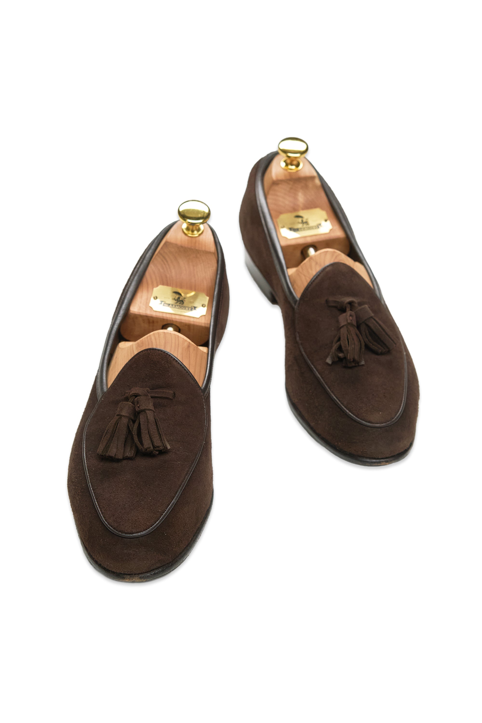 Baudoin & Lange Oak Brown Suede Sagan Lamb Tassel Loafers