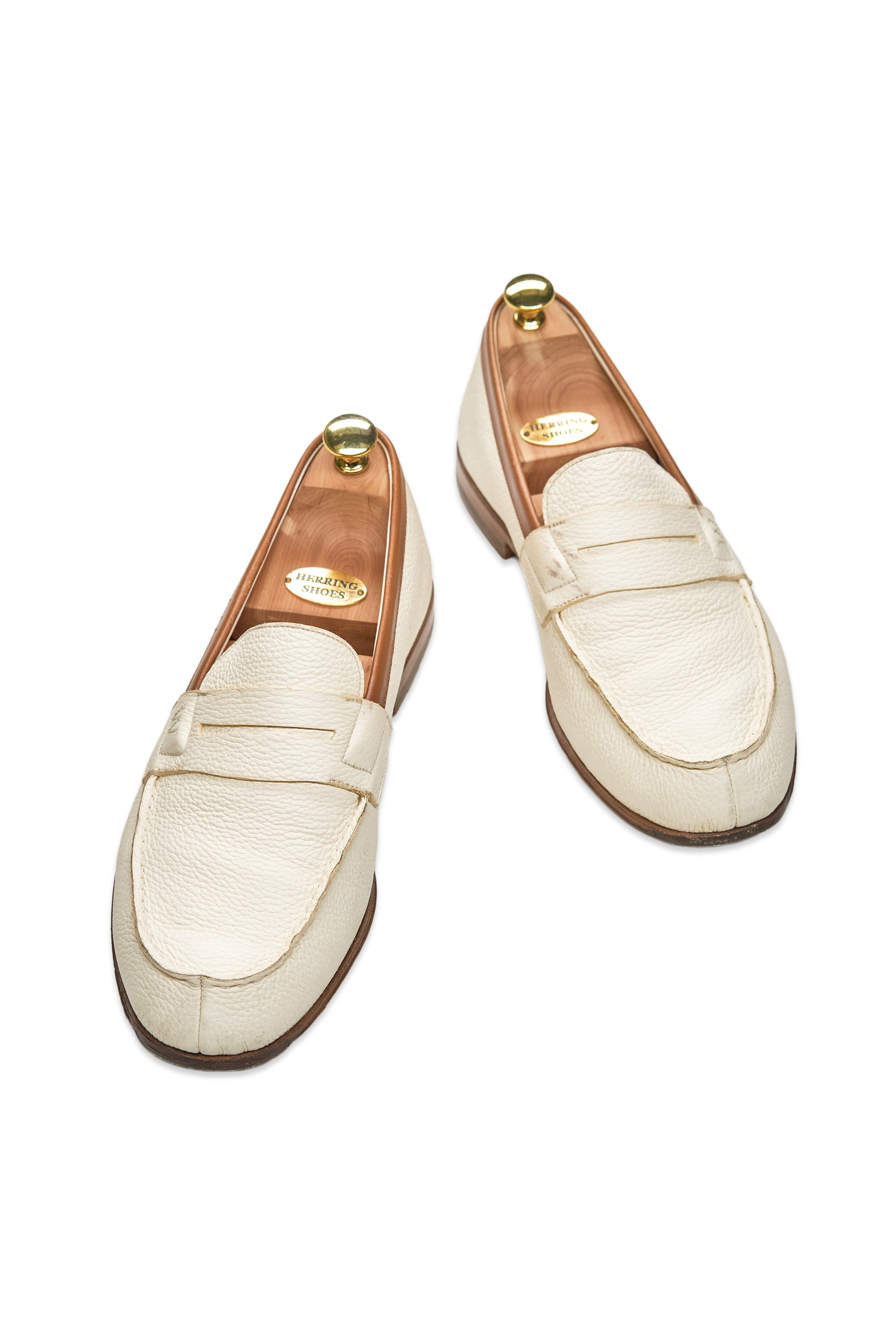 J.M. Weston White Grain Calf Penny Loafers