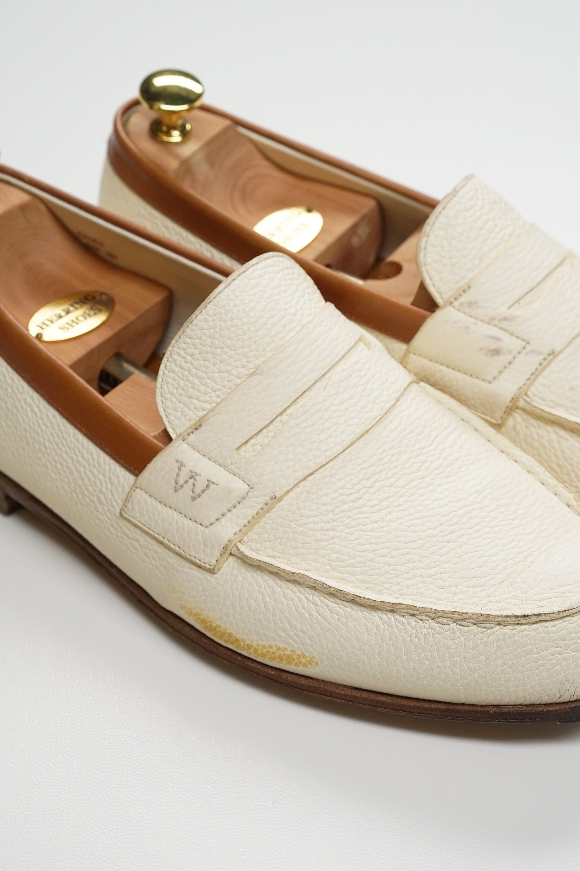 J.M. Weston White Grain Calf Penny Loafers