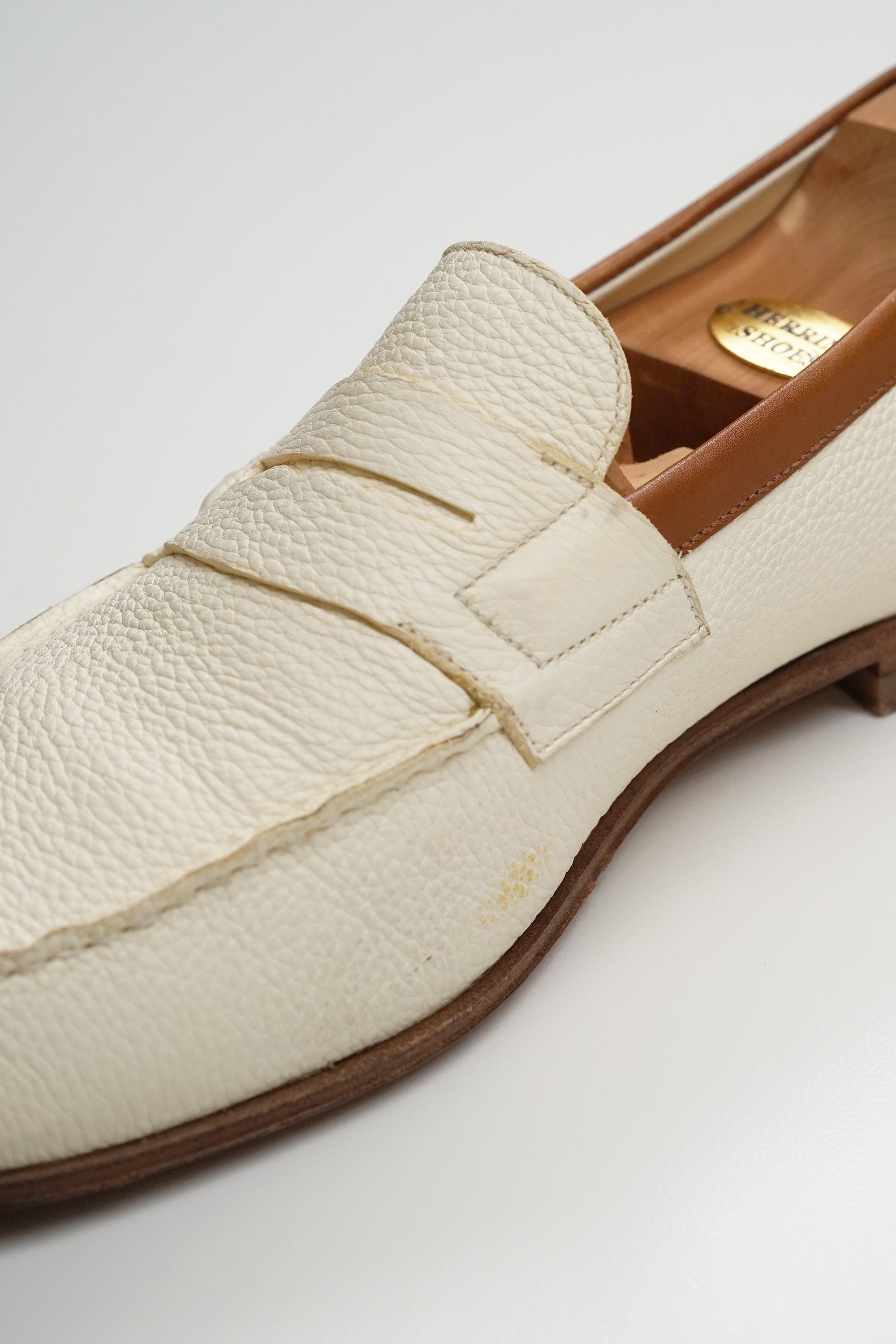 J.M. Weston White Grain Calf Penny Loafers