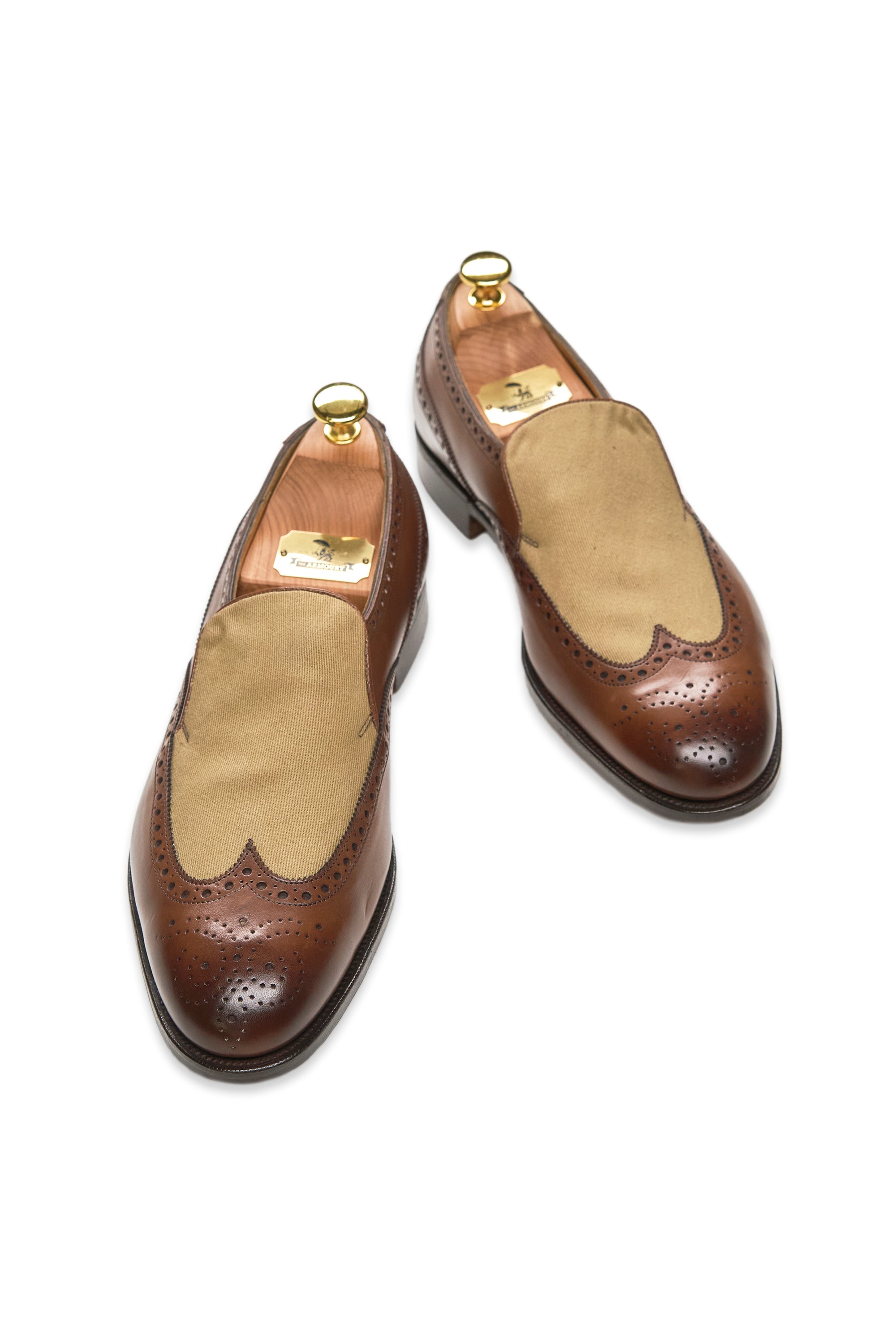 Edward Green Brown Calf Leather with Cotton Canvas Brogue Style Loafers