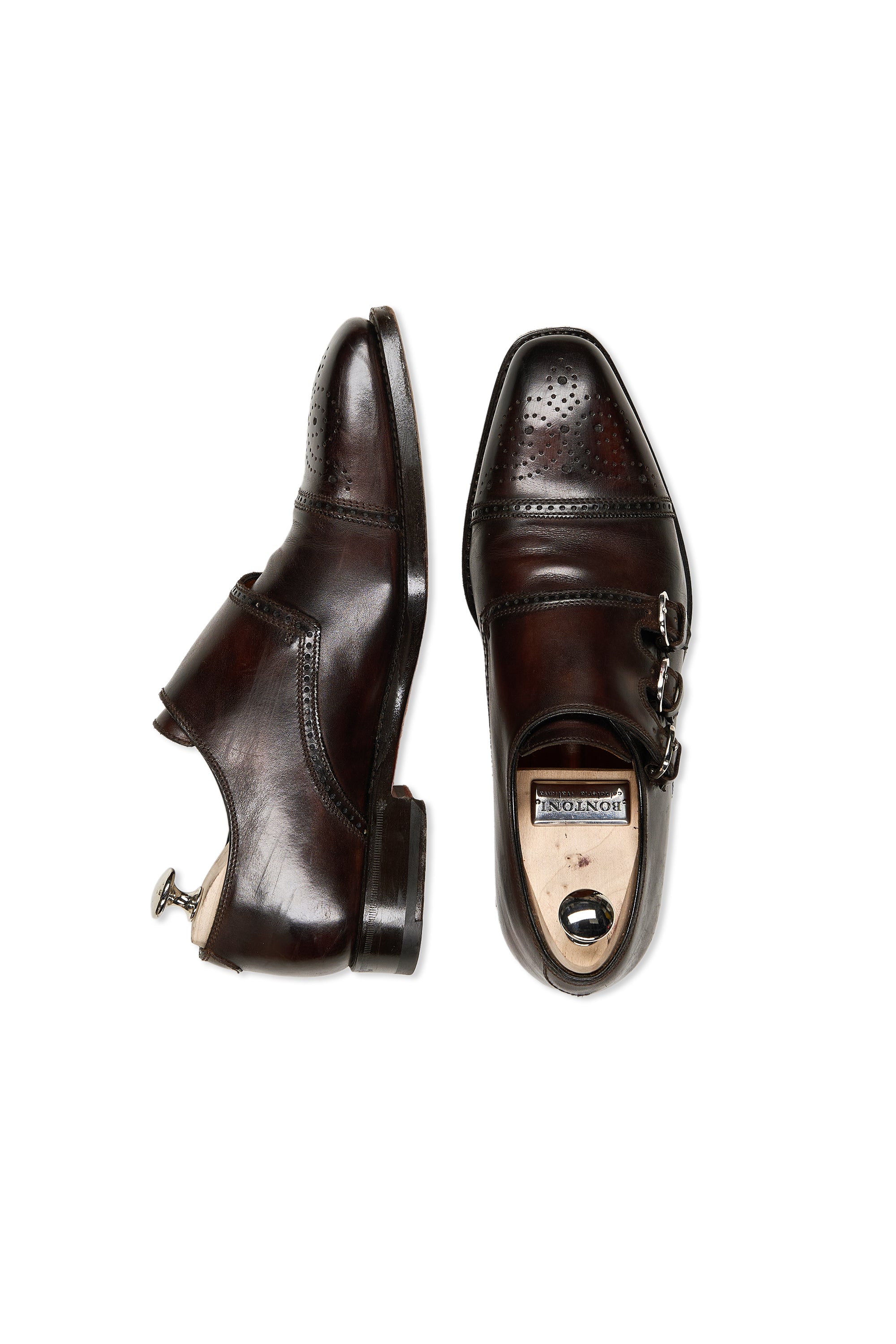 Bontoni Dark Brown Leather Semi-Brogue Triple Monk Shoes