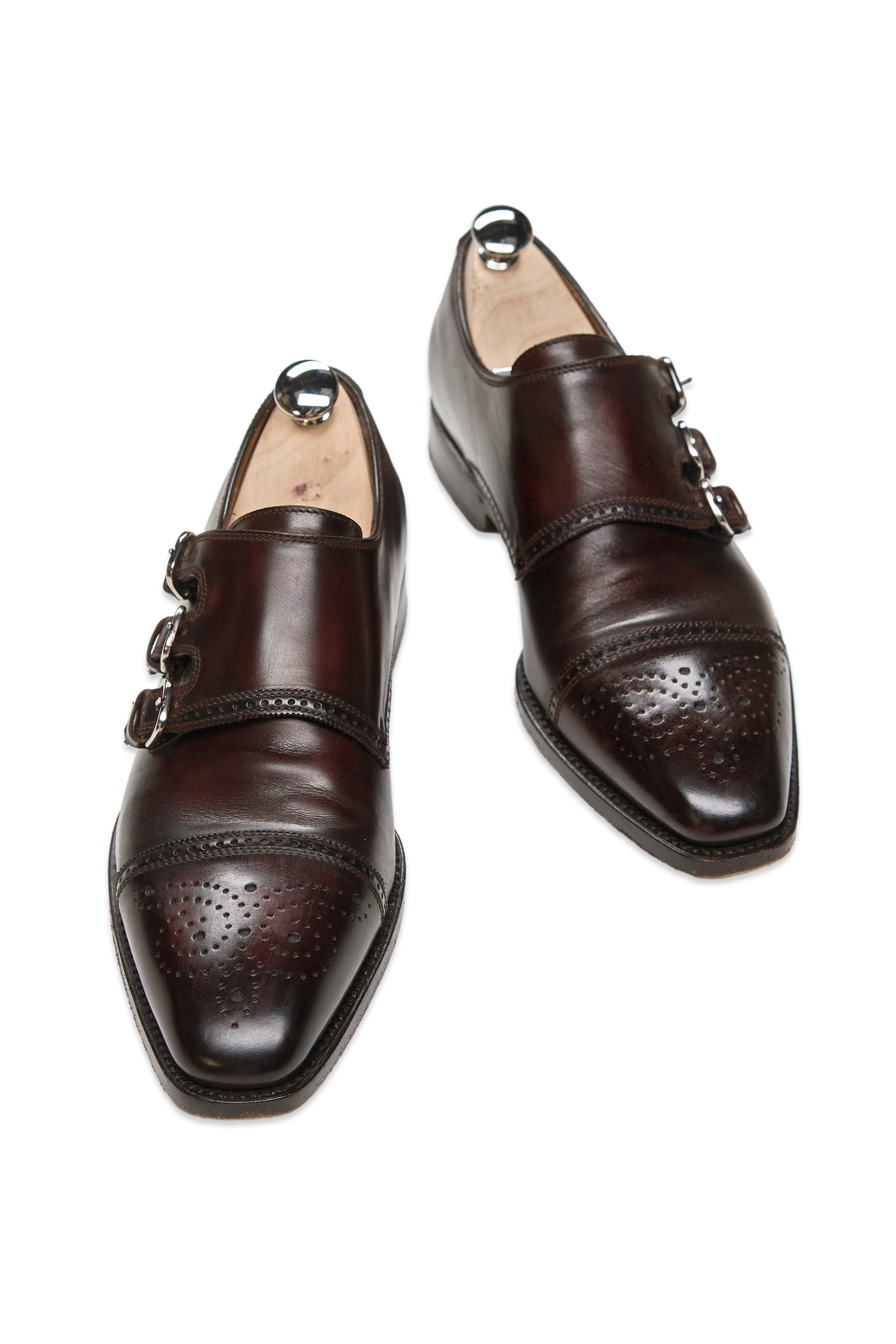 Bontoni Dark Brown Leather Semi-Brogue Triple Monk Shoes