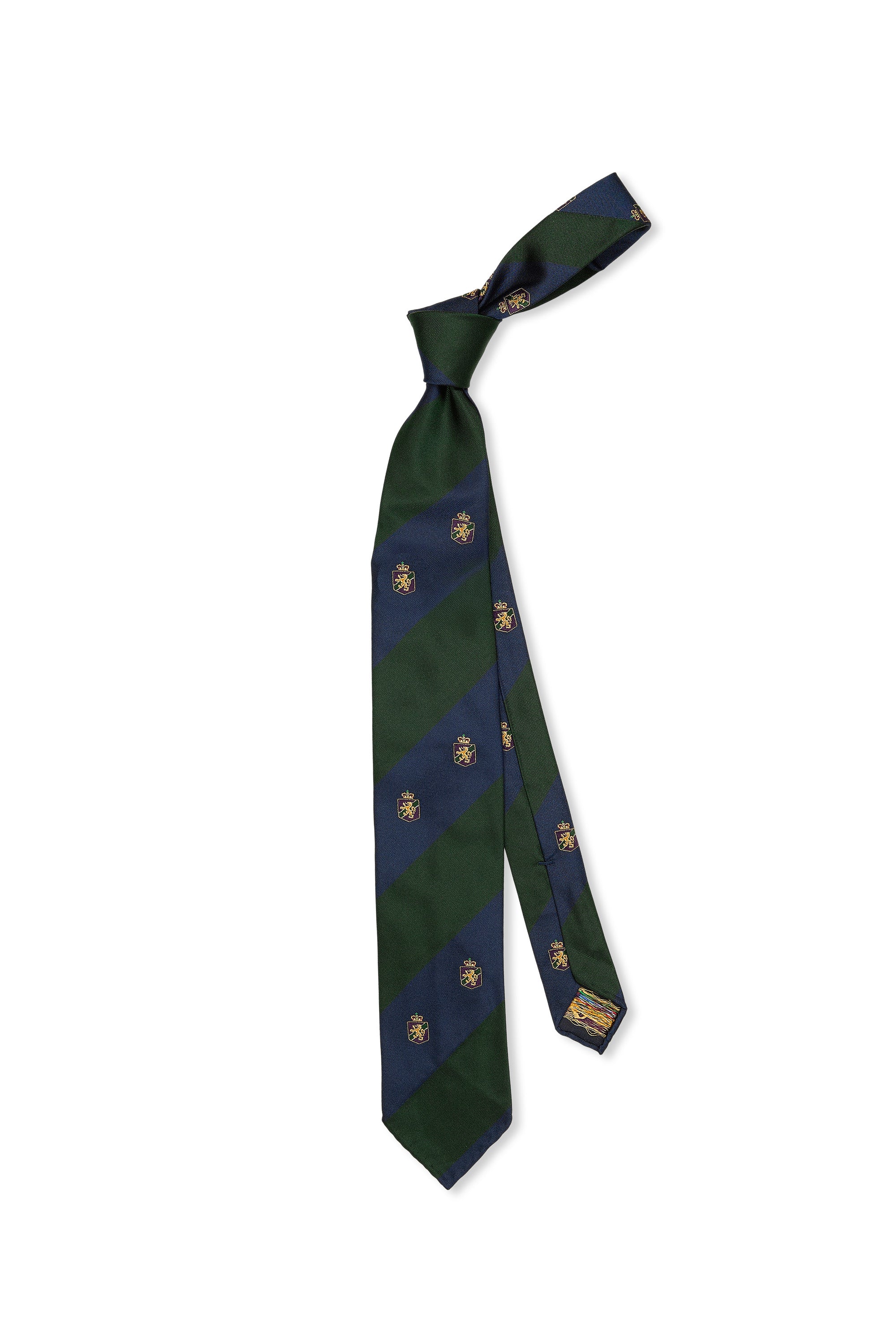 Shibumi Navy/Green Stripe with Crest Pattern Silk Tie