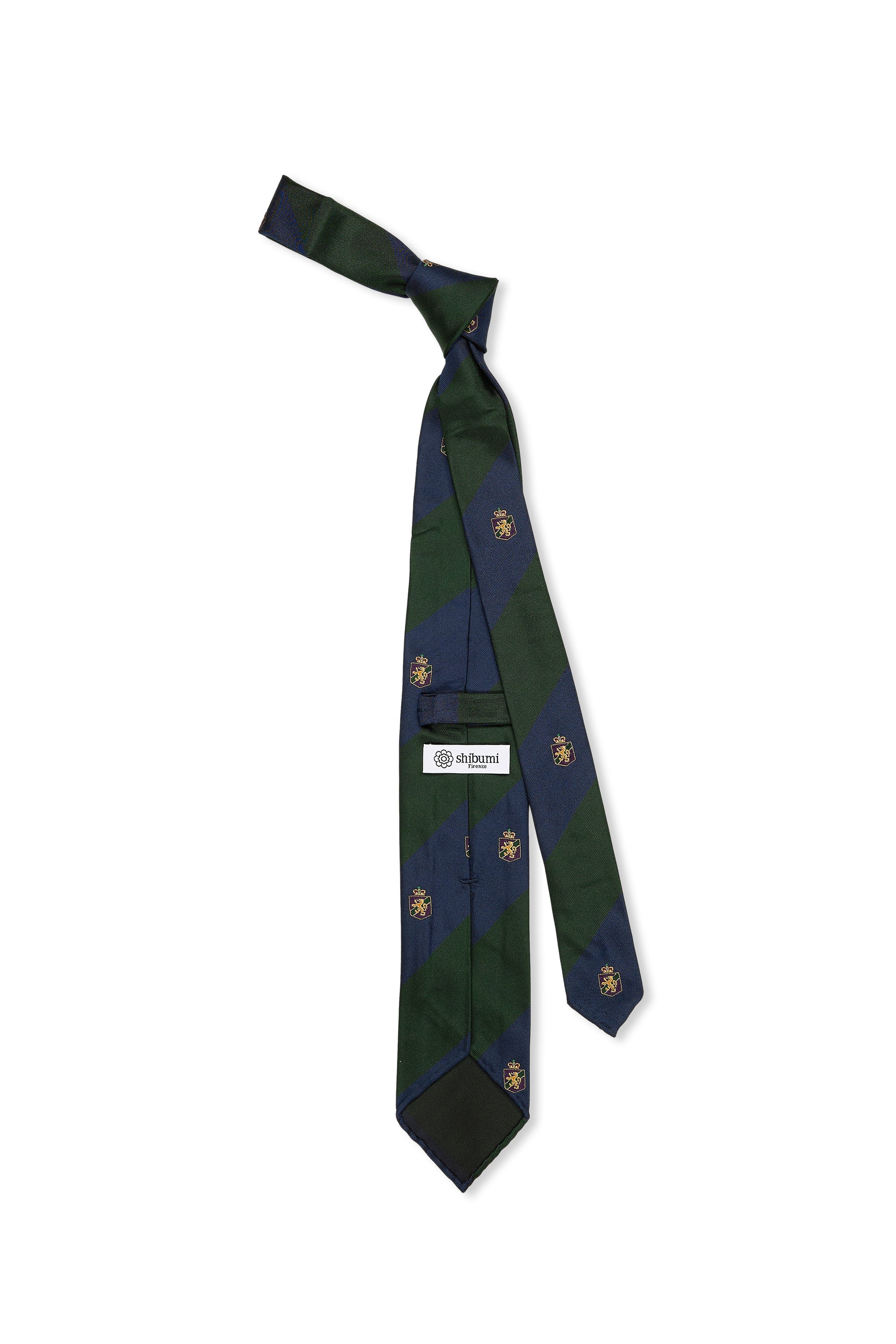 Shibumi Navy/Green Stripe with Crest Pattern Silk Tie