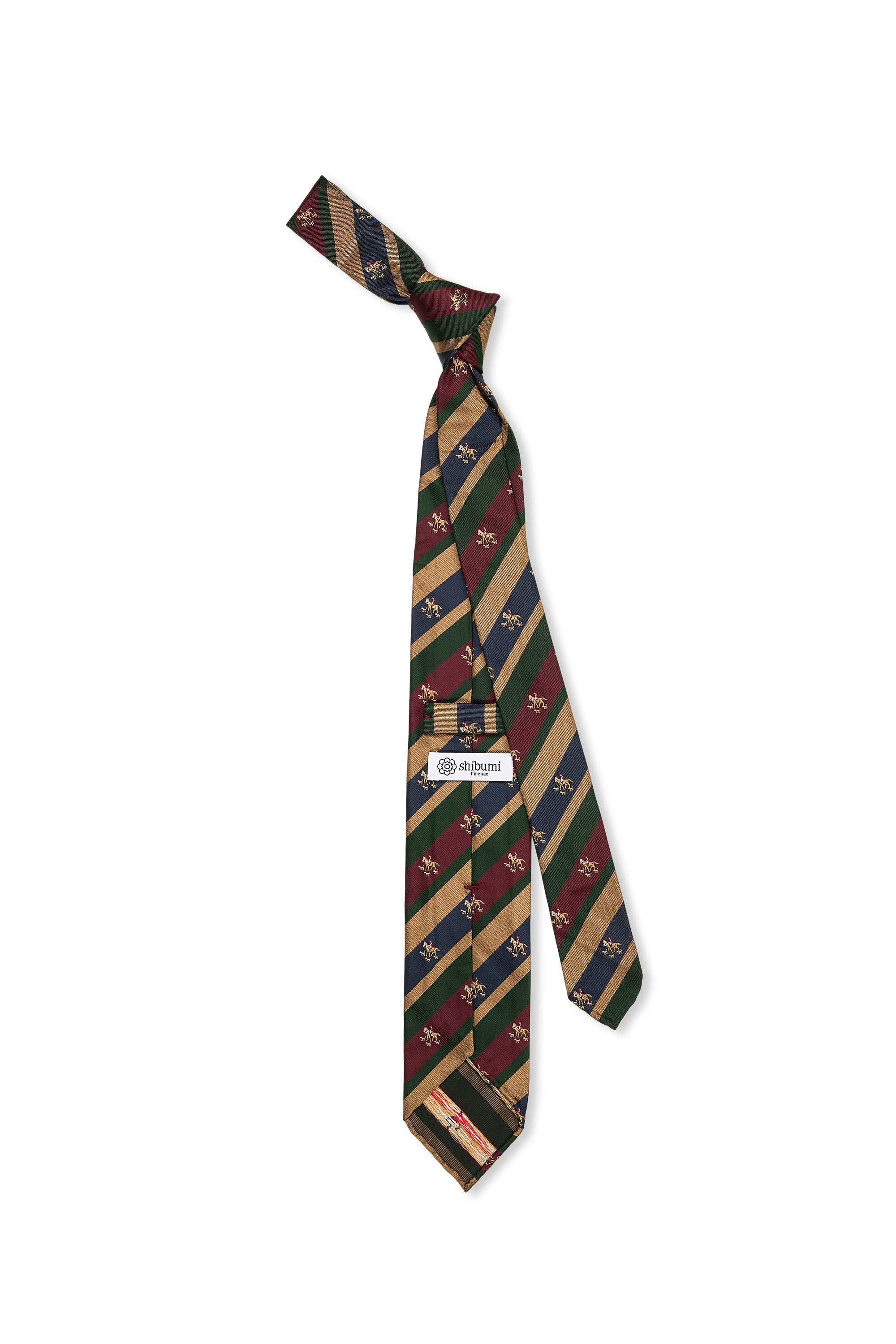 Shibumi Burgundy/Green/Brown/Navy Stripe with Equestrian Pattern Silk Tie