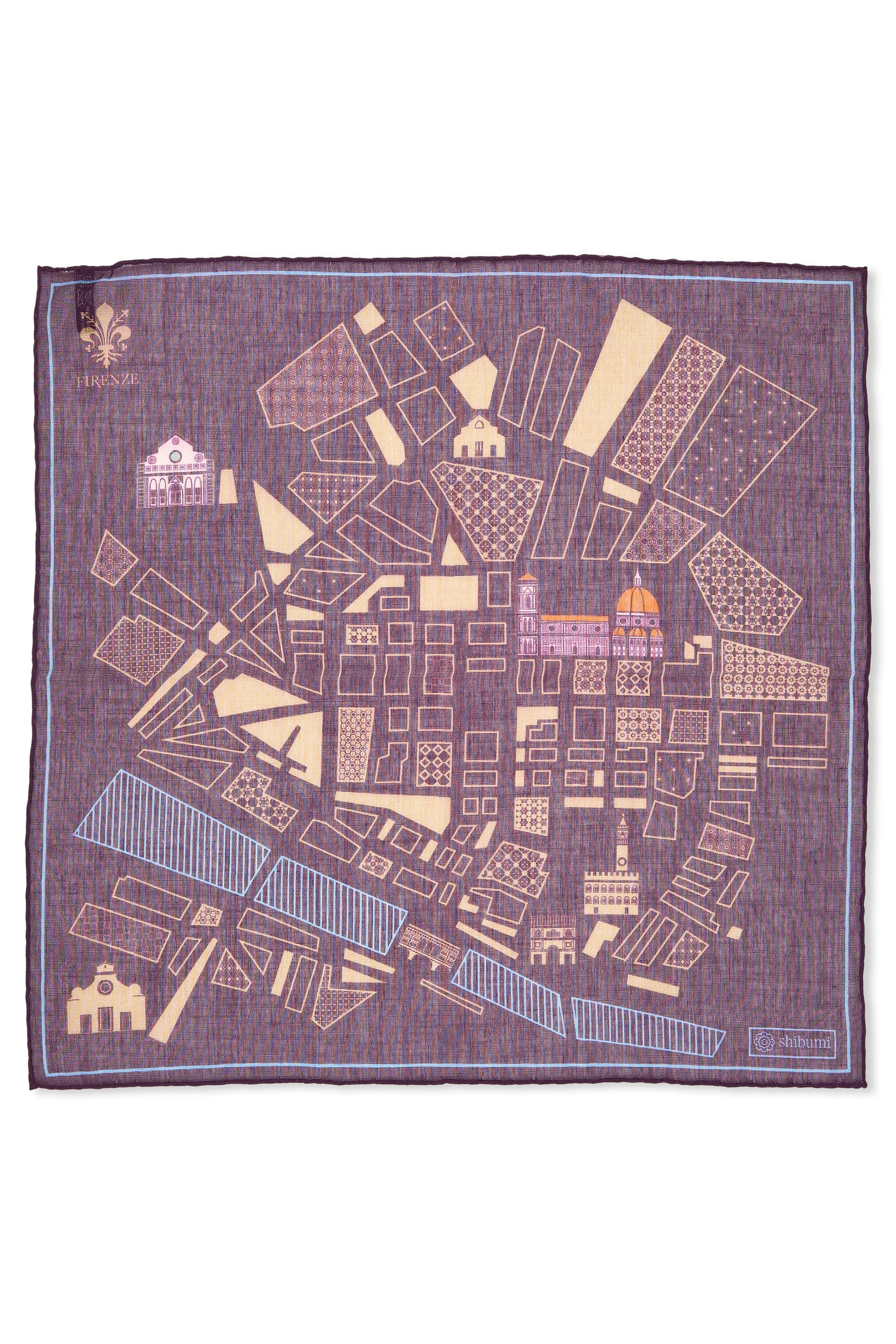 Shibumi Purple with Khaki Map Pattern Cotton/Modal/Cashmere Pocket Square