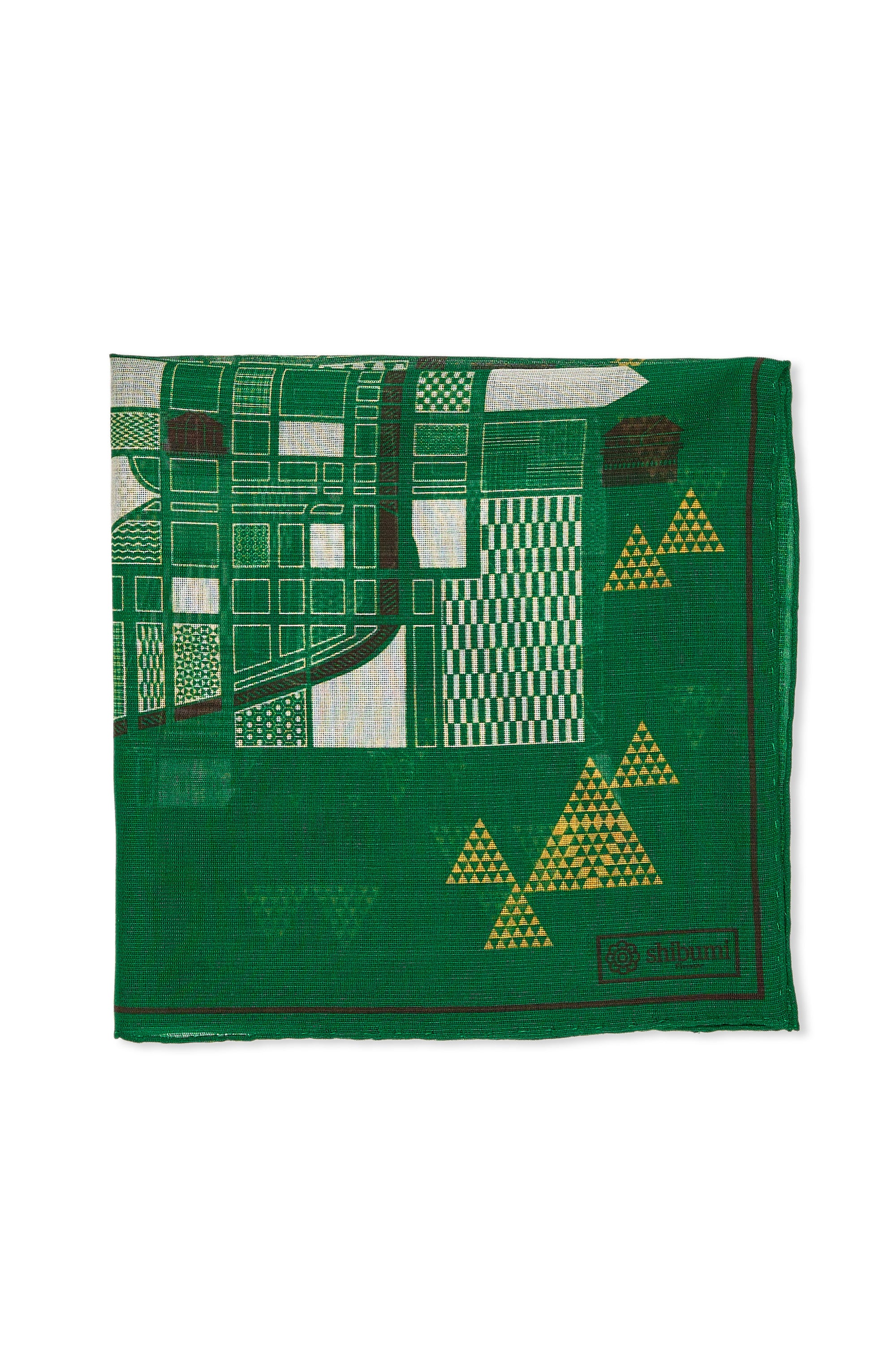 Shibumi Green with White/Brown/Yellow Map Pattern Cotton/Modal/Cashmere Pocket Square