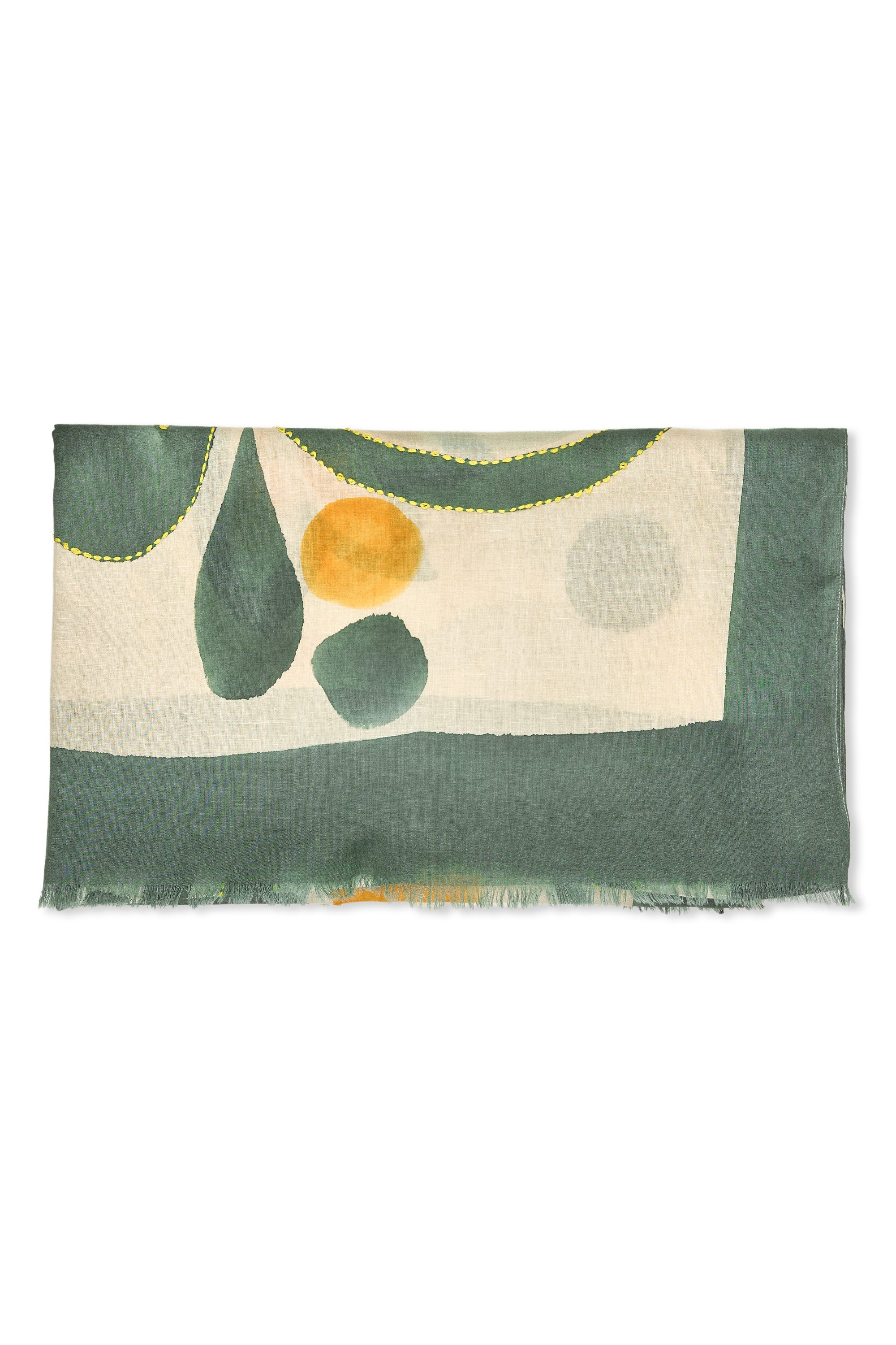 Marcel Lassance Green/Beige/Yellow Flower Pattern with Stitch Details Cotton Scarf