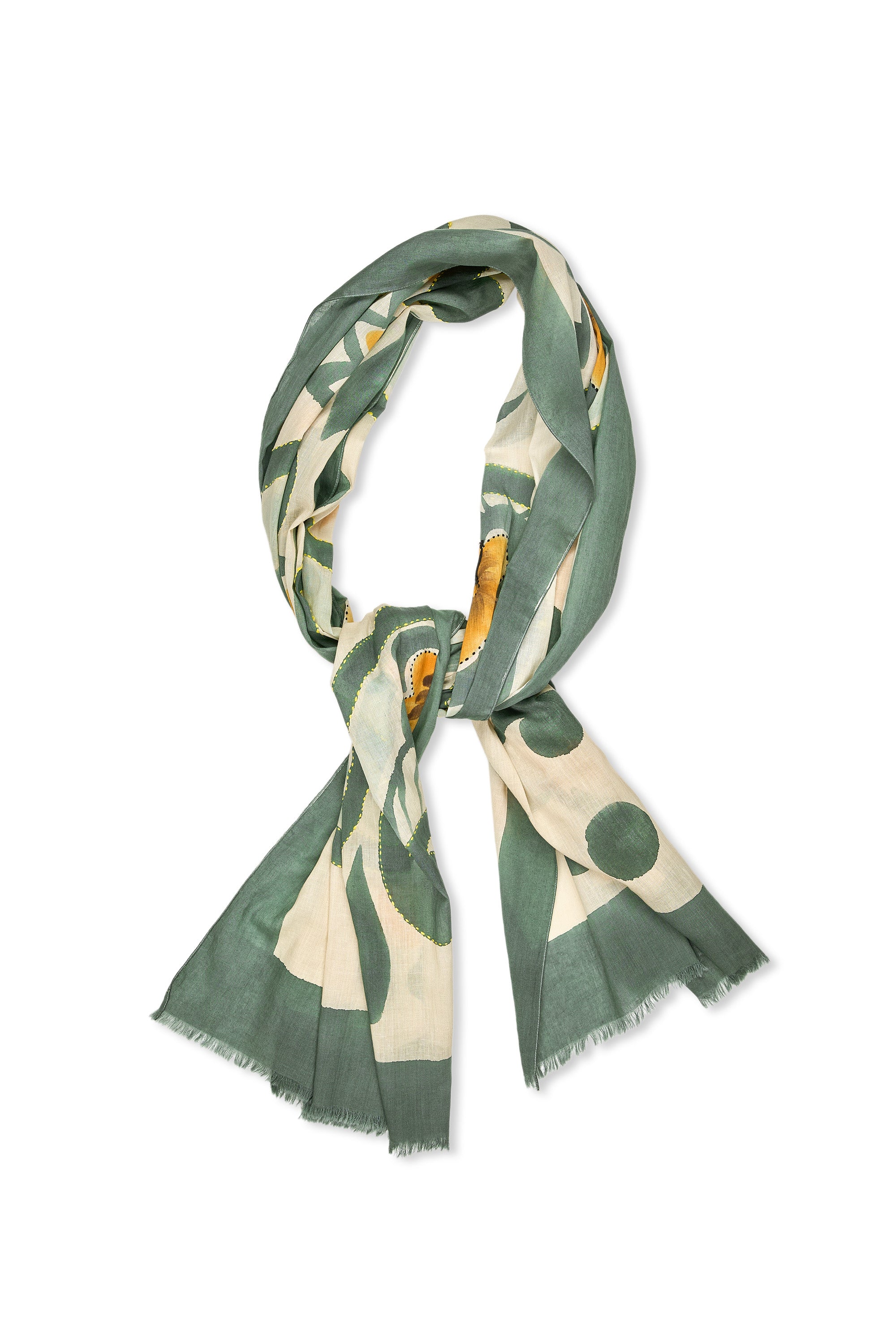 Marcel Lassance Green/Beige/Yellow Flower Pattern with Stitch Details Cotton Scarf
