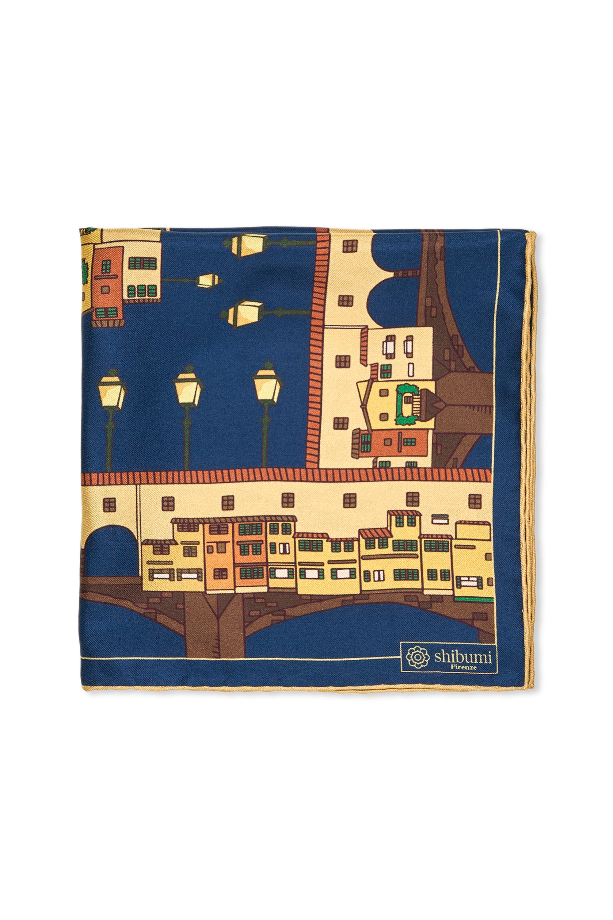 Shibumi Navy with Yellow/Brown Ponte Vecchio Pattern Silk Pocket Square