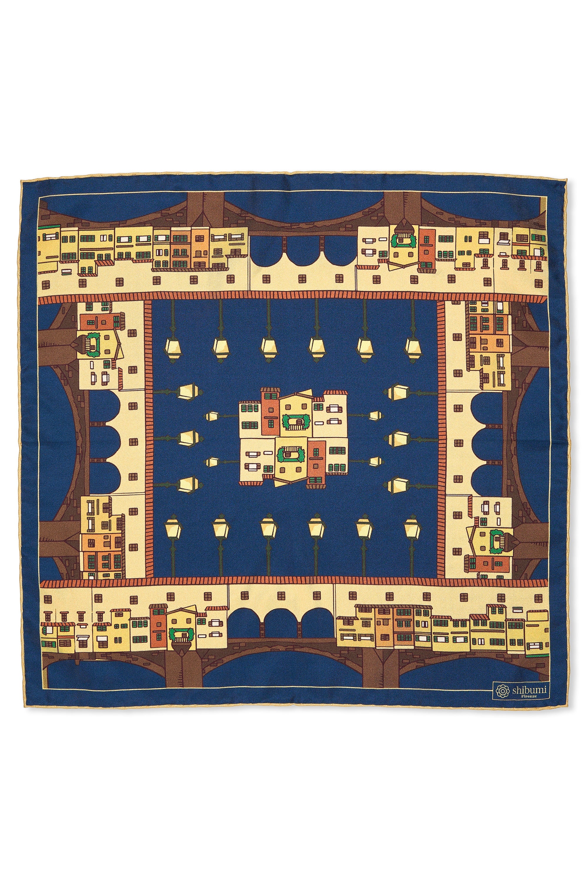 Shibumi Navy with Yellow/Brown Ponte Vecchio Pattern Silk Pocket Square