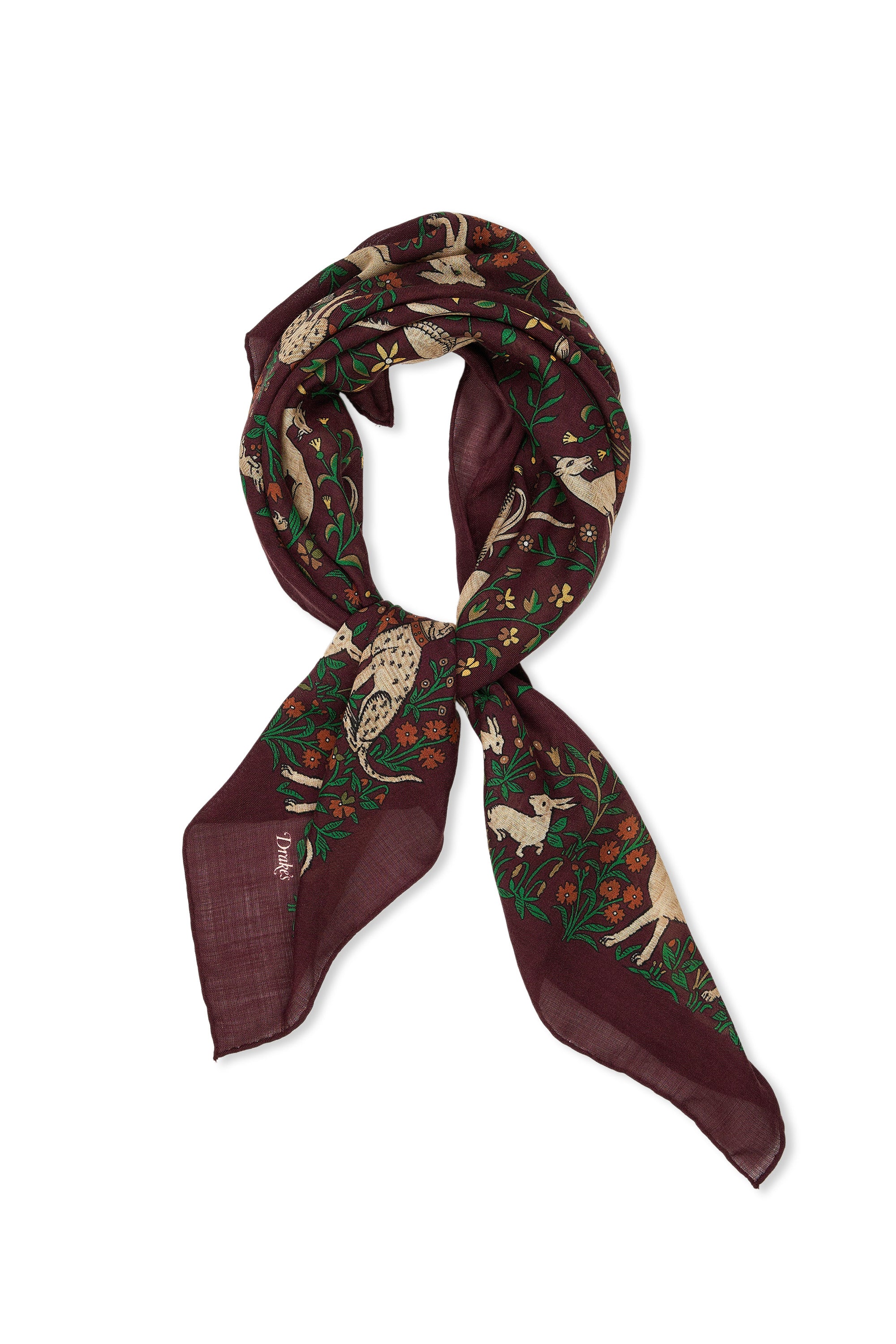 Drake's Plum with Brown/Green Animal Pattern Wool/Silk Scarf