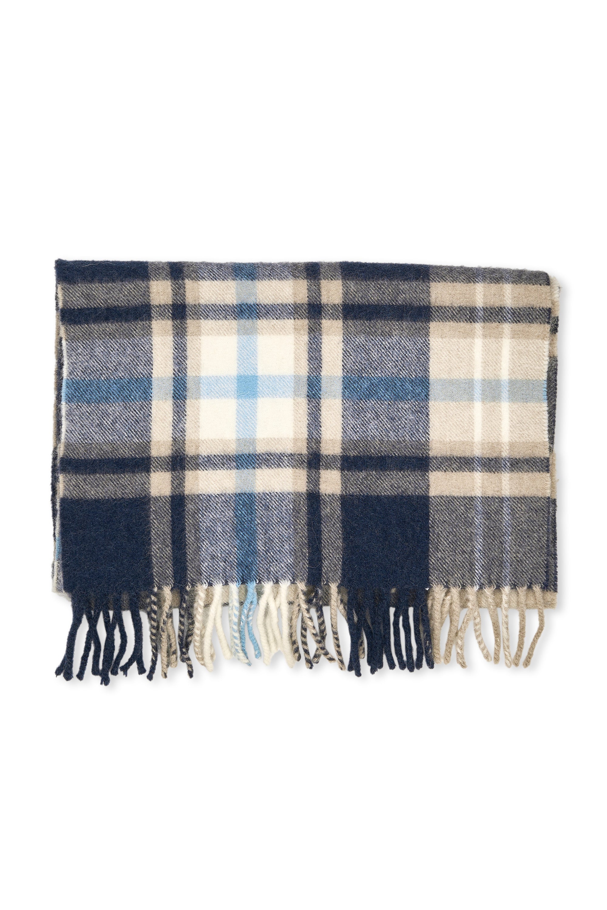 Drake's Navy/Beige/Blue Check Wool/Cashmere Scarf