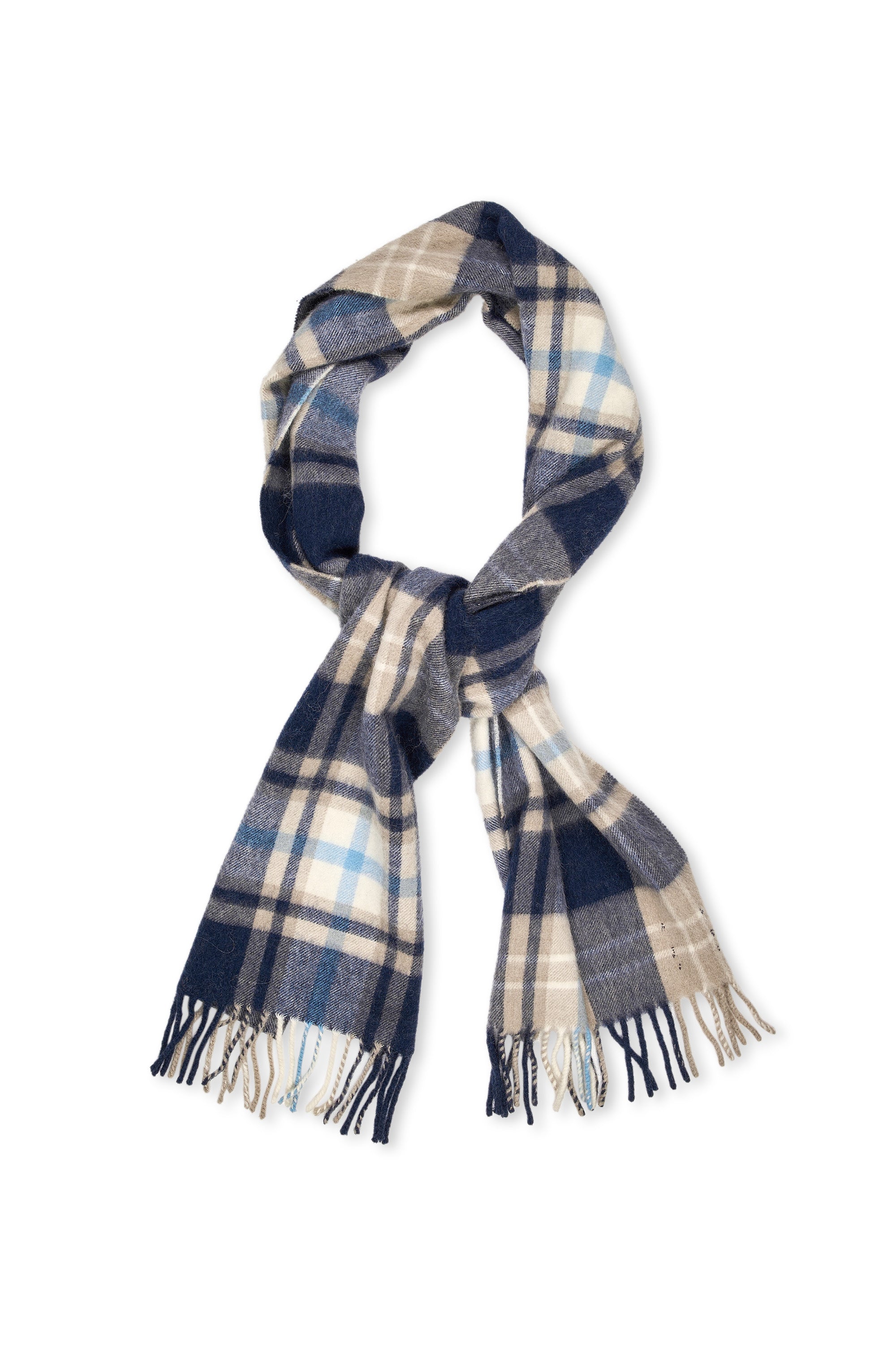 Drake's Navy/Beige/Blue Check Wool/Cashmere Scarf