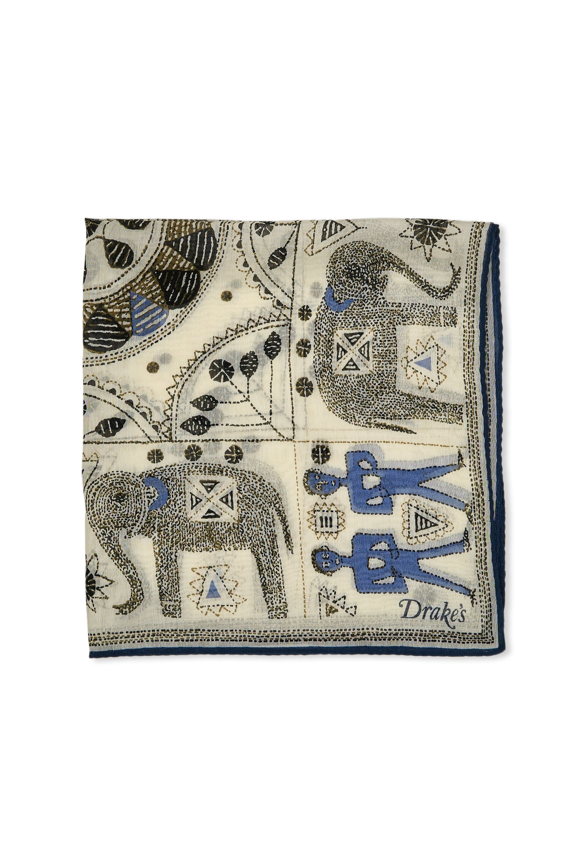 Drake's White/Black/Brown/Blue Elephant Pattern Silk Pocket Square