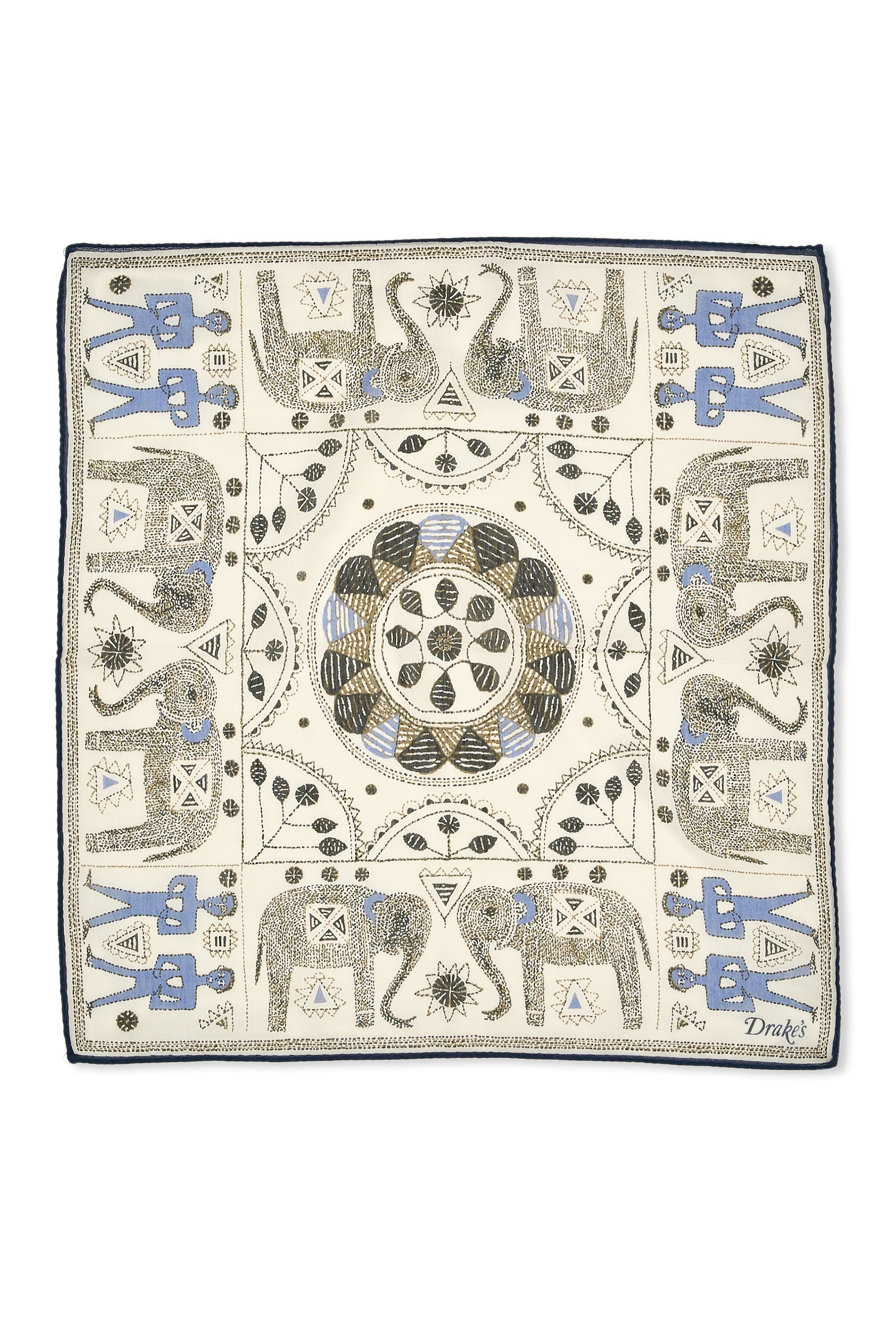 Drake's White/Black/Brown/Blue Elephant Pattern Silk Pocket Square