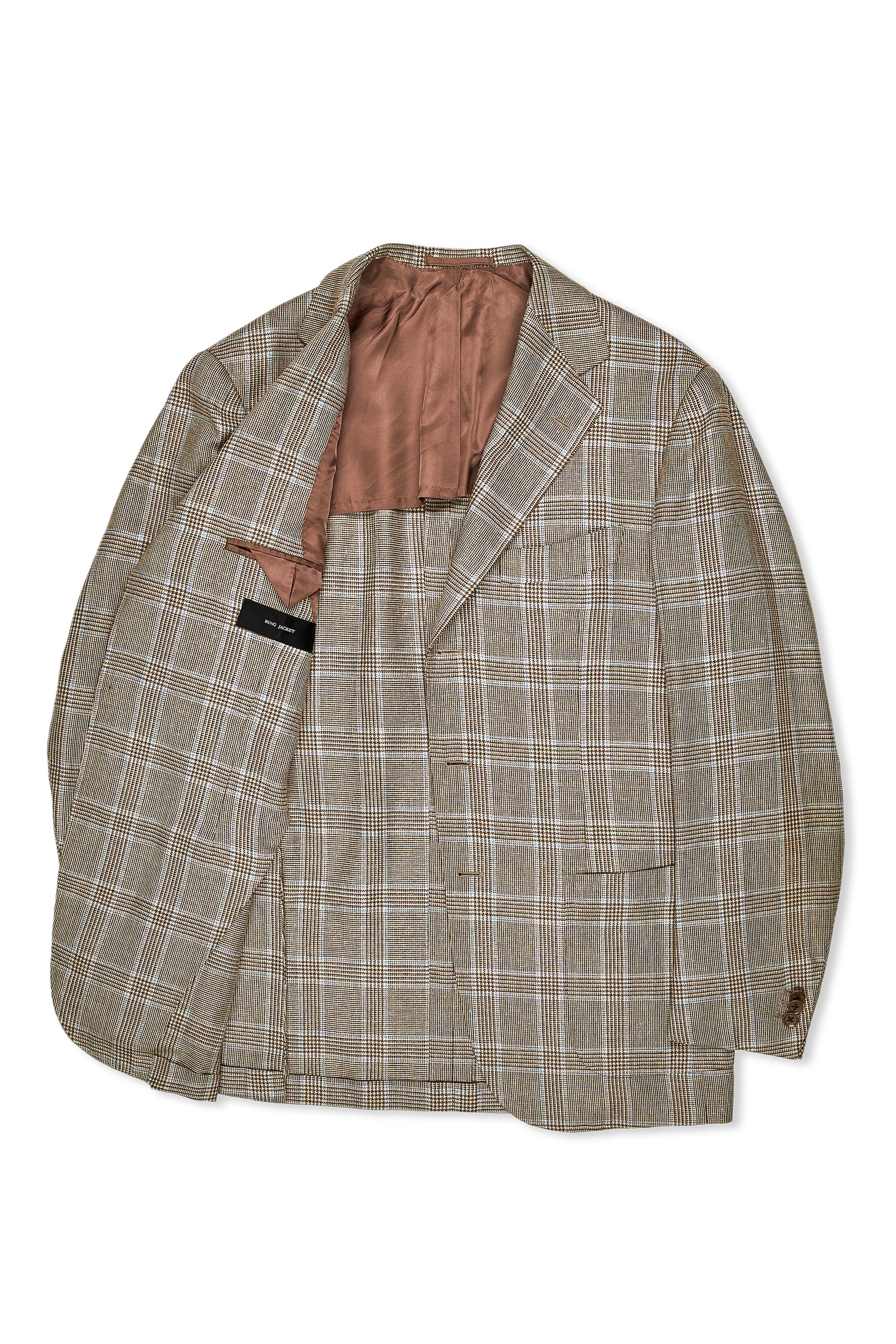 Ring Jacket Brown with Light Blue Check Silk/Linen/Wool Sport Coat