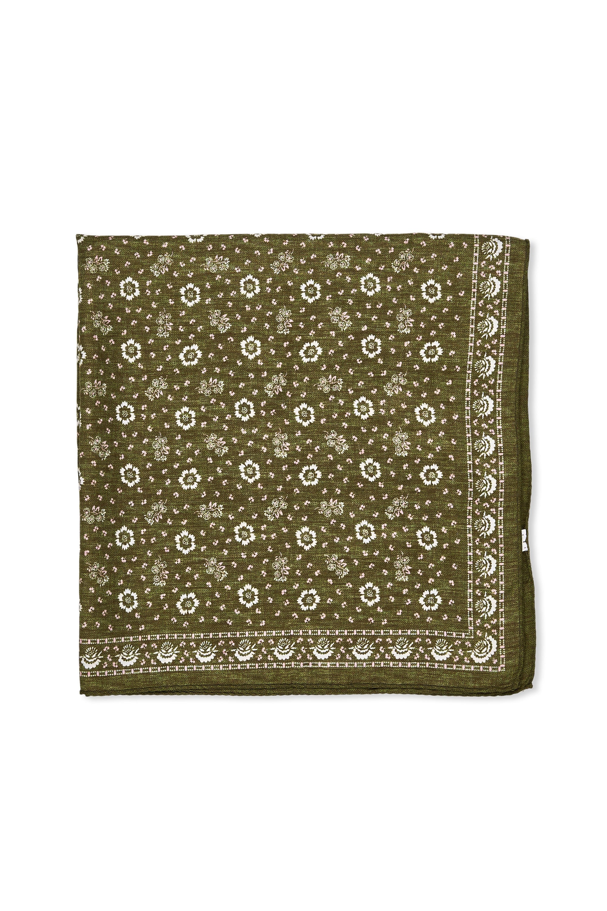 Olive with White/Pink Flower Pattern Cotton/Silk Scarf