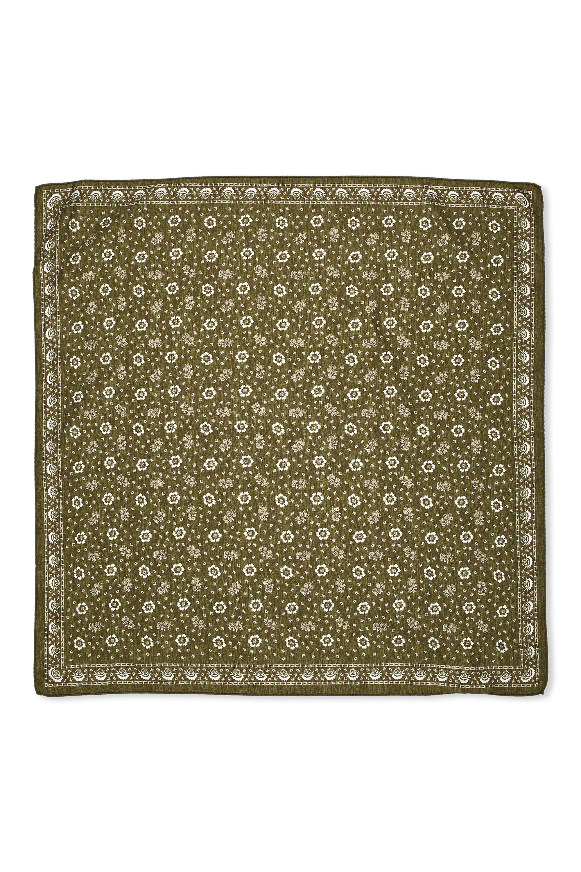 Olive with White/Pink Flower Pattern Cotton/Silk Scarf