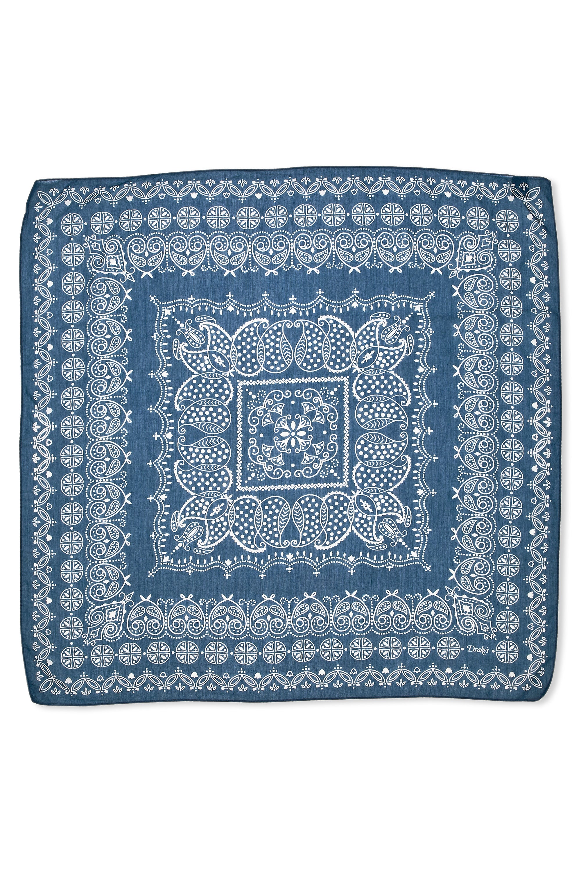 Drake's Blue/White Paisley Pattern Cotton/Silk Scarf