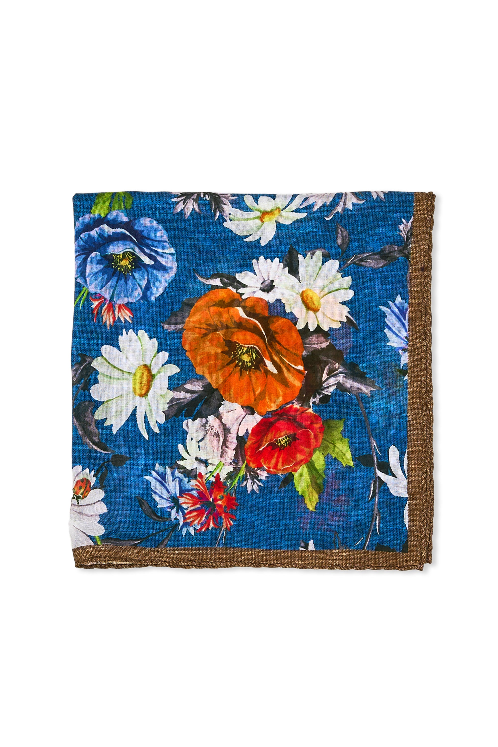 Blue/Orange/White Flower Pattern Silk Pocket Square
