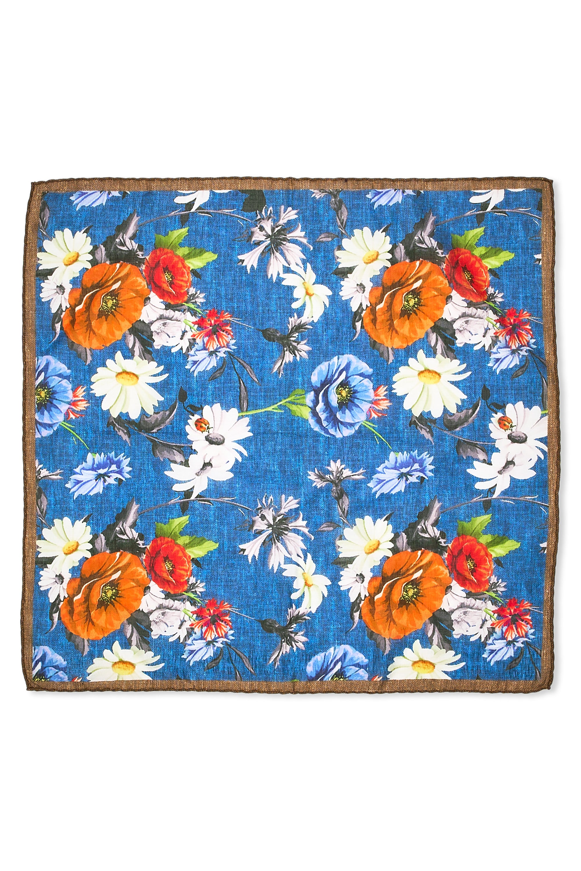 Blue/Orange/White Flower Pattern Silk Pocket Square
