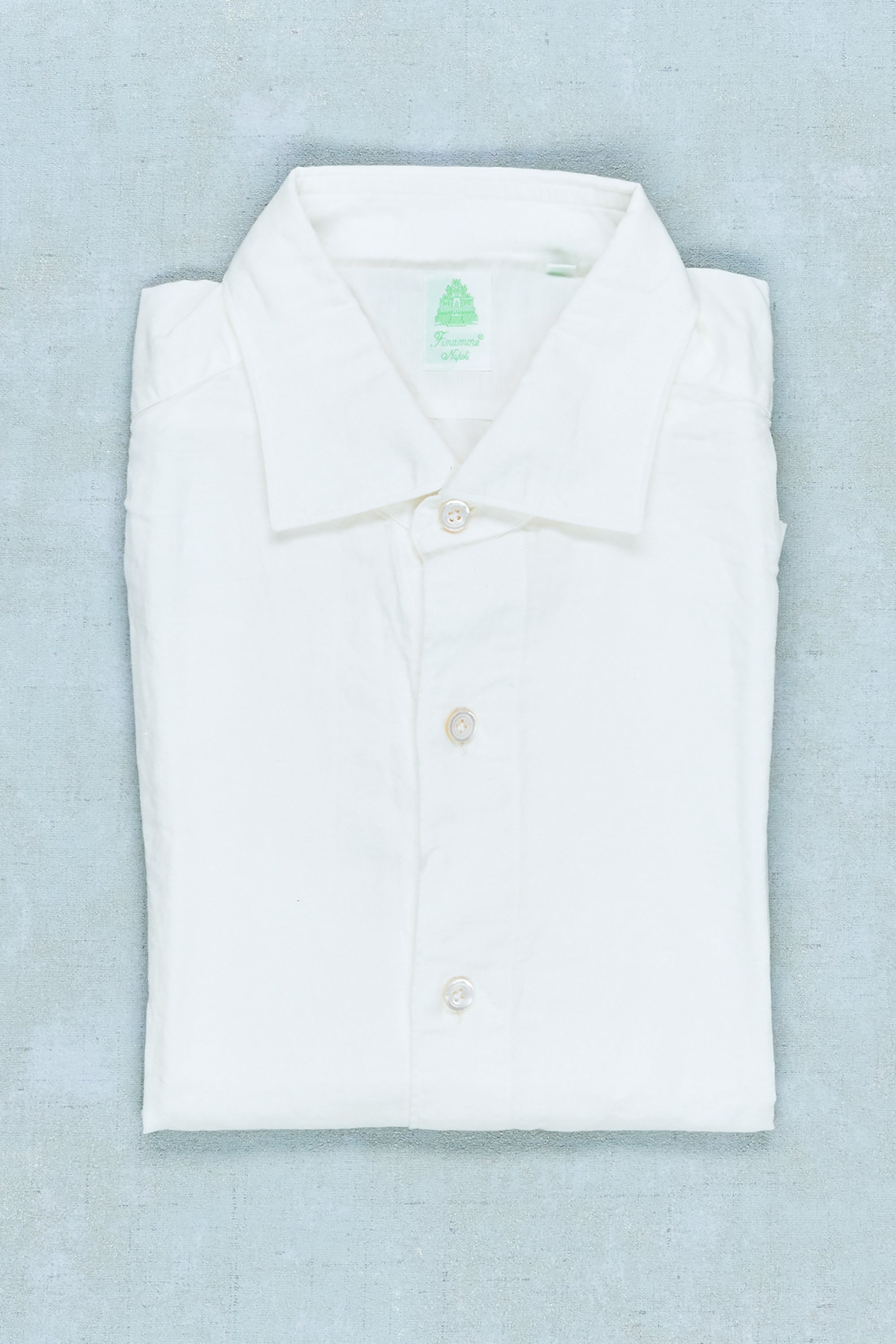 Finamore White Cotton/Linen Spread Collar Sport Shirt