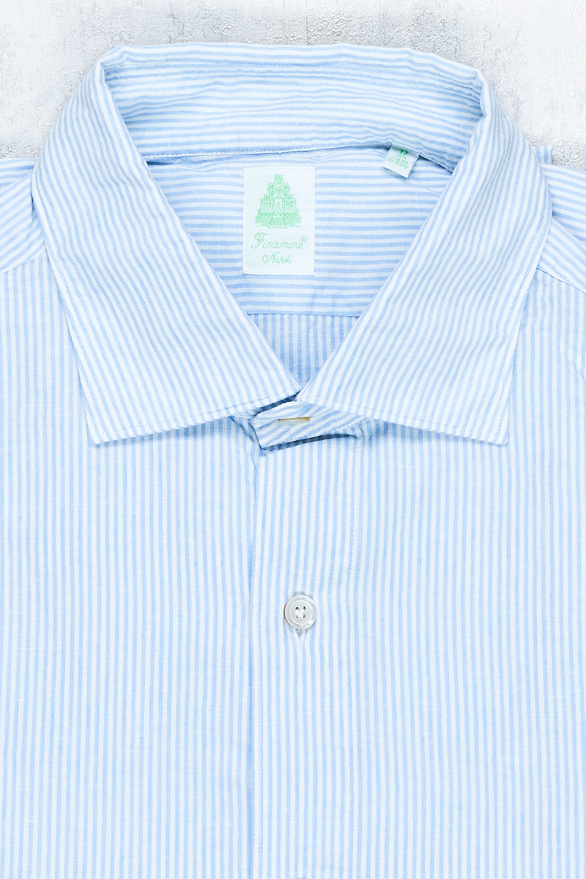 Finamore Blue/White Stripe Cotton/Linen Spread Collar Sport Shirt