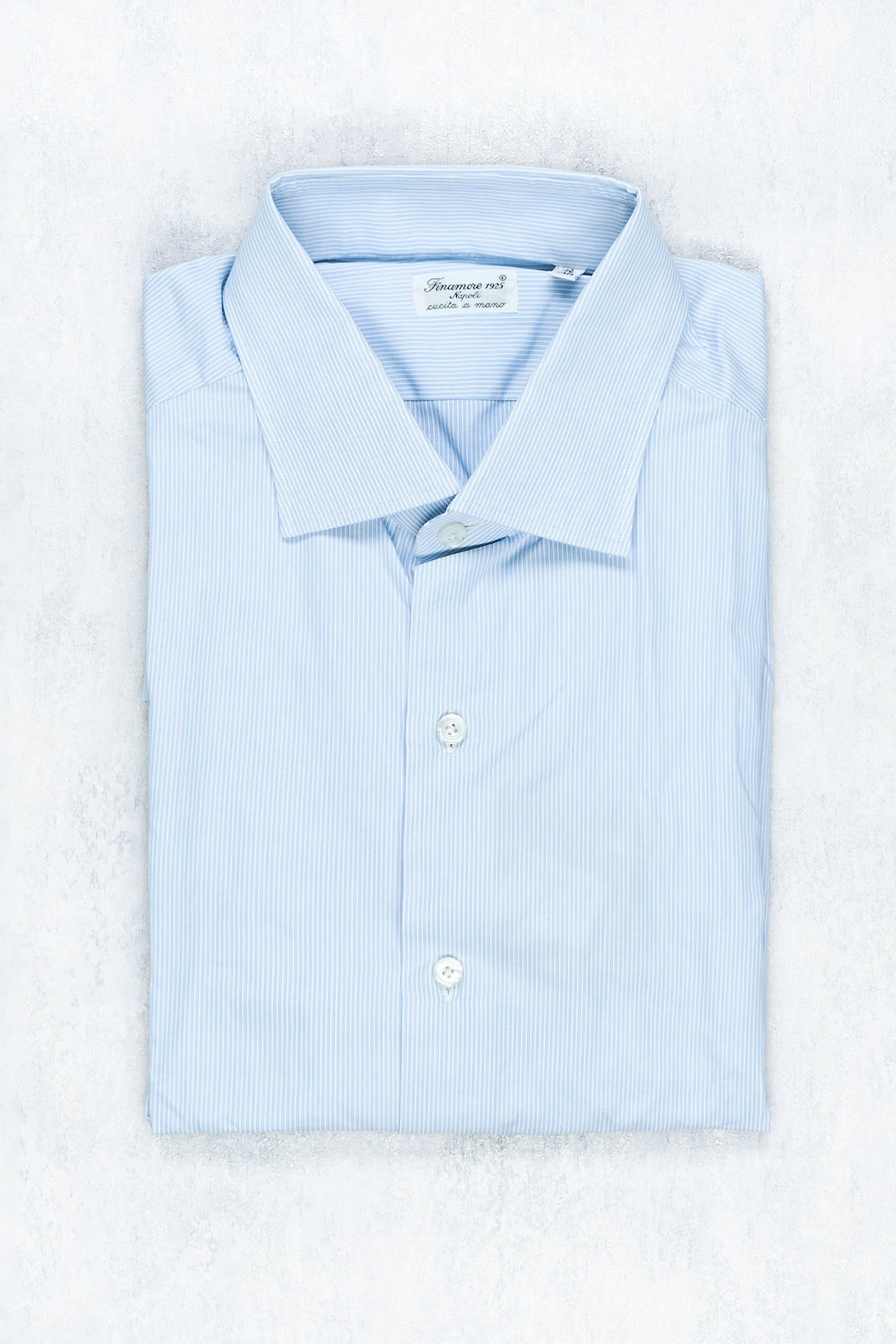 Finamore Blue Stripe Cotton Spread Collar Dress Shirt