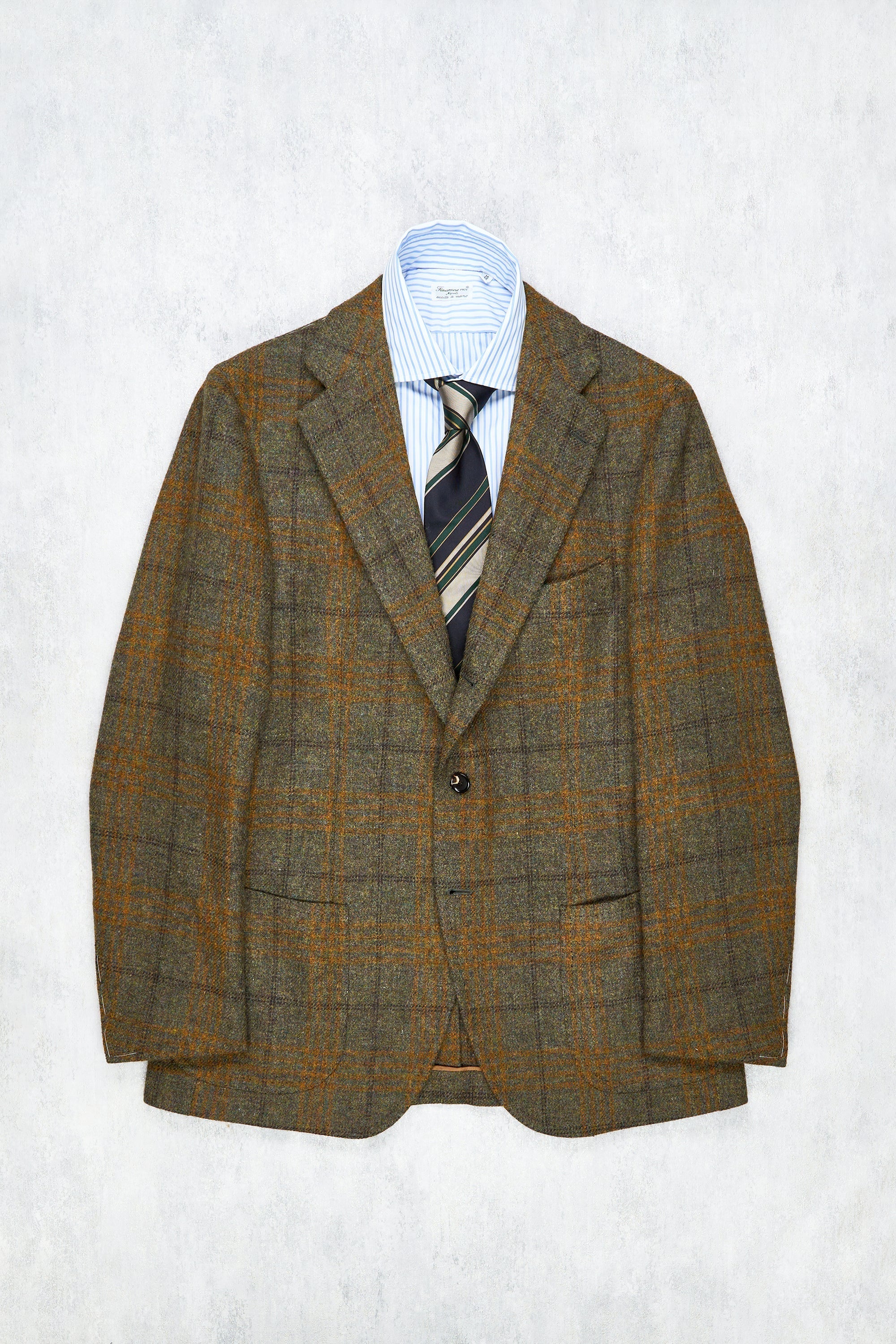 Cesare Attolini Forest Green with Orange/Brown Tweed Check Sport Coat
