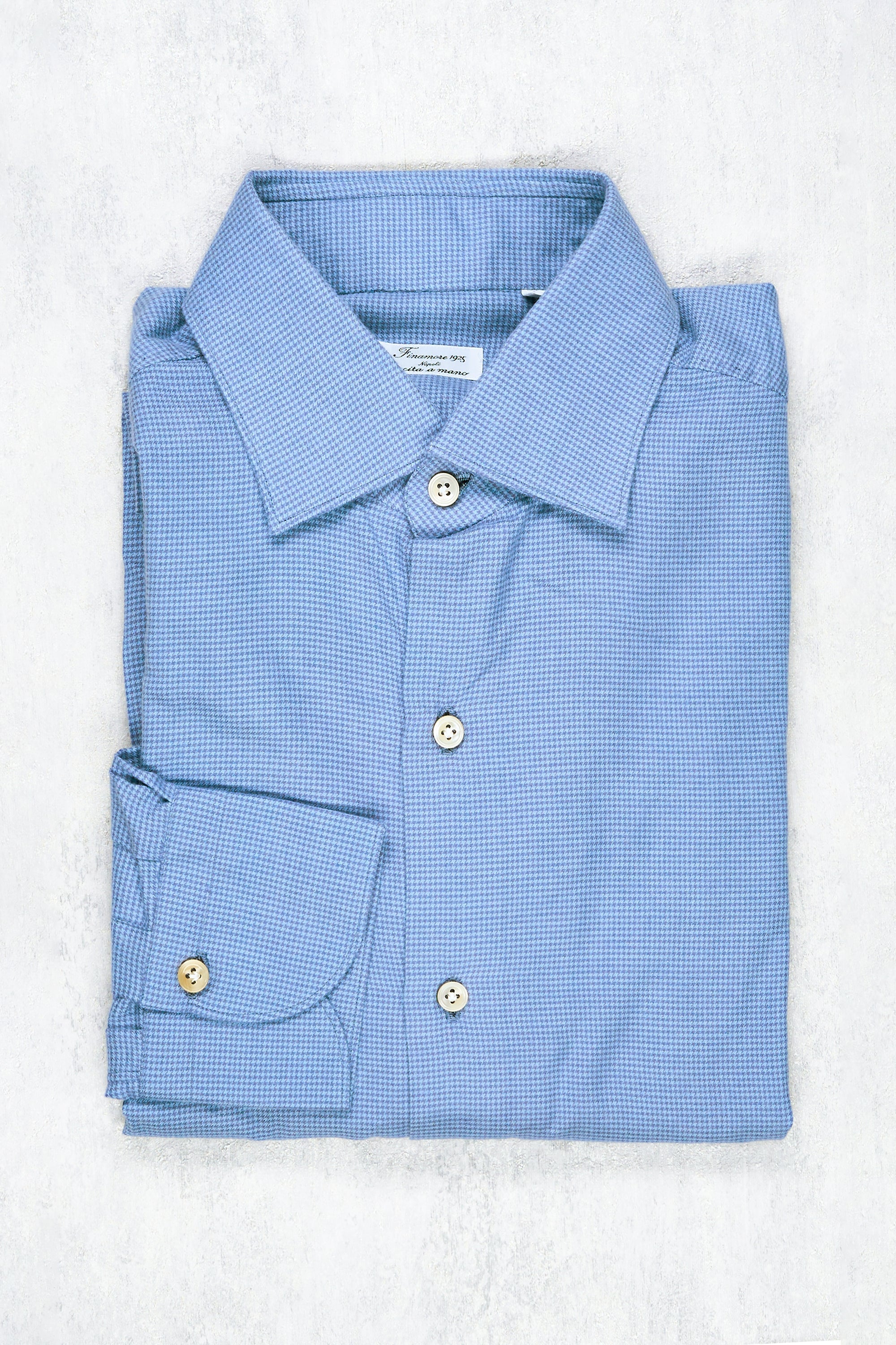 Finamore Blue Brushed Cotton Houndstooth Spread Collar Shirt