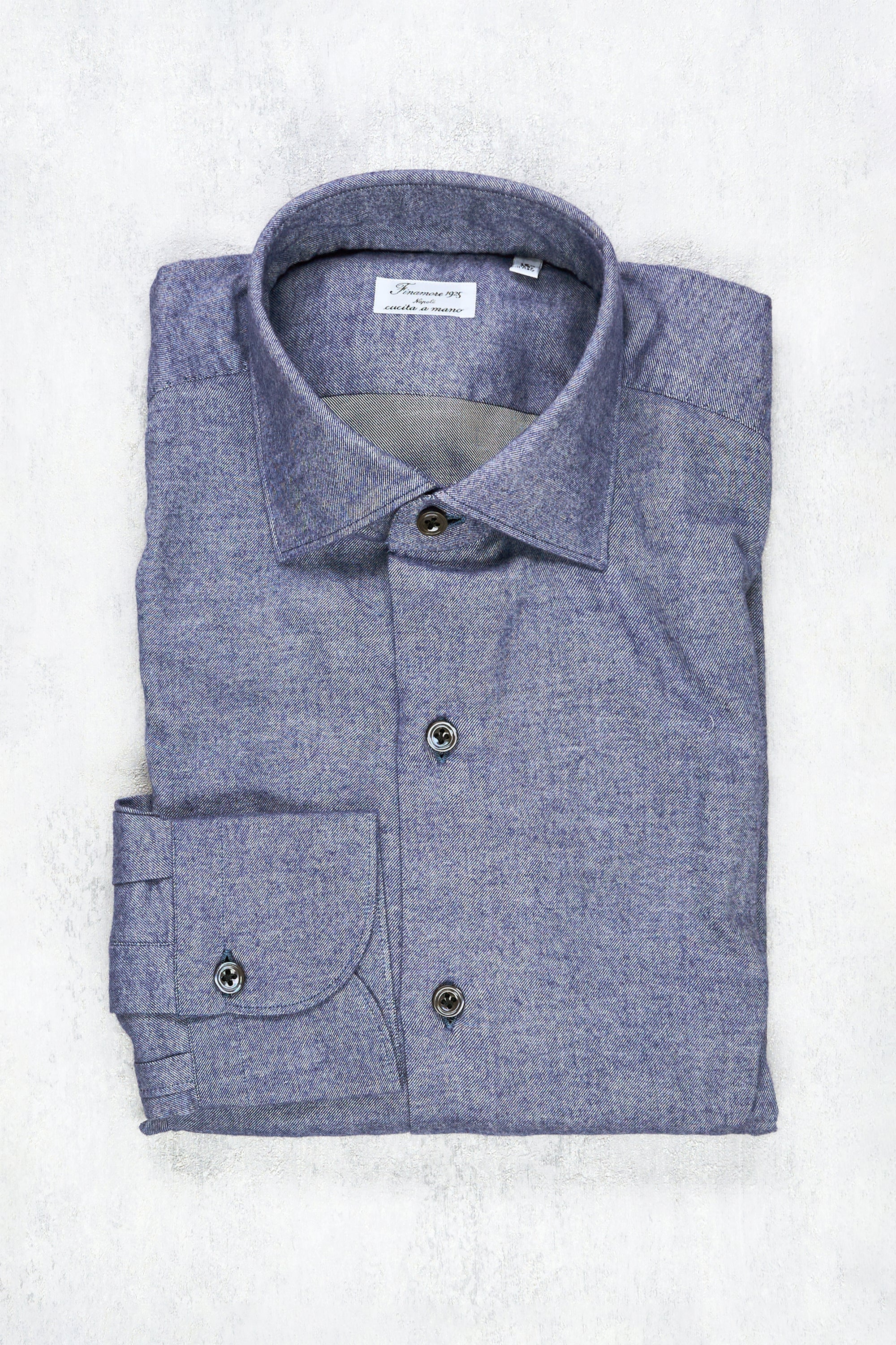 Finamore Purple-Blue Brushed Cotton Spread Collar Plain Shirt