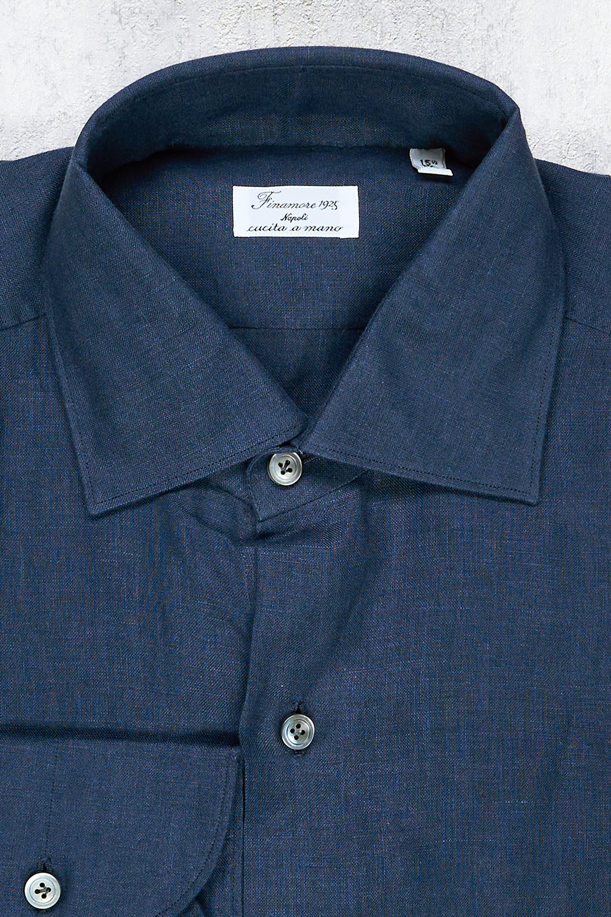 Finamore Navy Linen Spread Collar Shirt