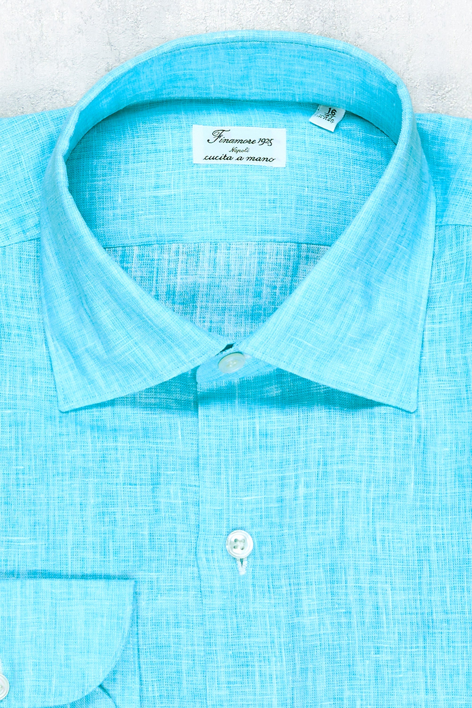 Finamore Turquoise Linen Spread Collar Shirt