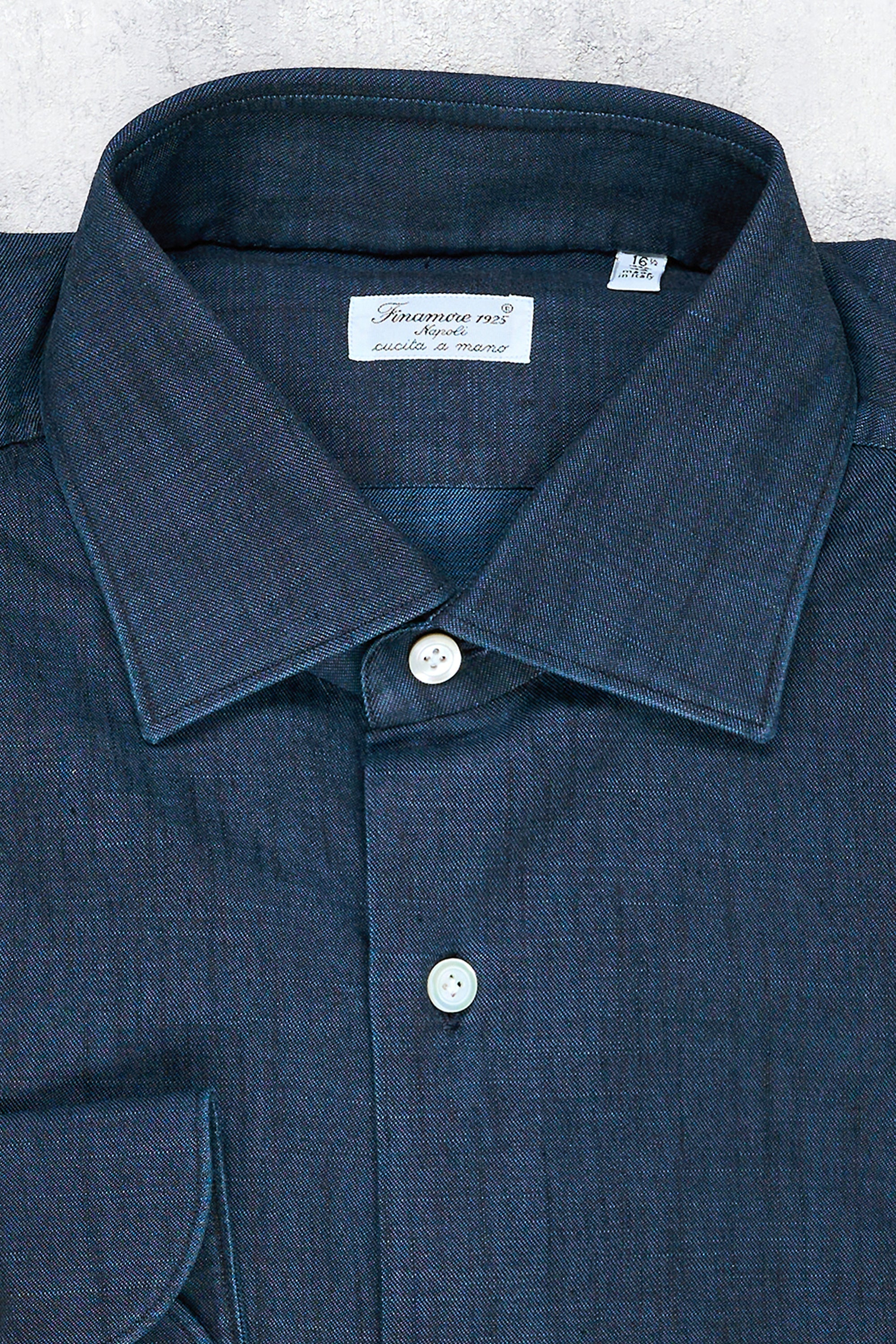Finamore Dark Blue Denim Spread Collar Shirt