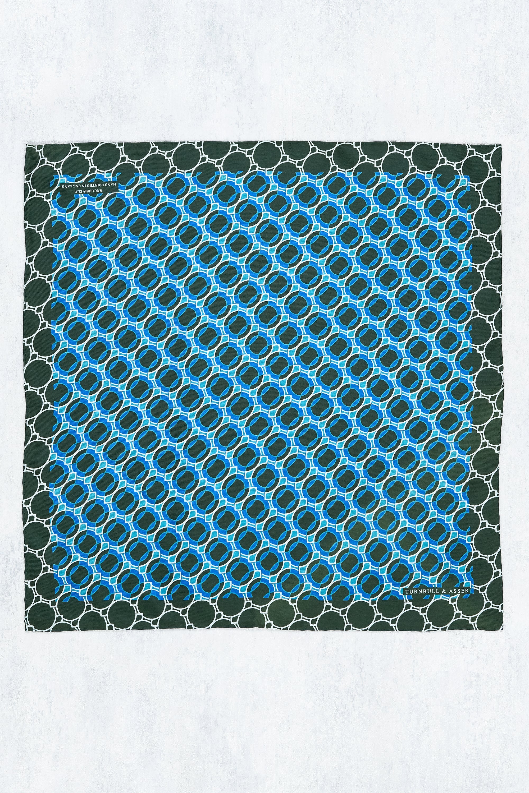 Turnbull & Asser Dark Green with Blue Spot Mosaic Circle Pattern Silk Pocket Square