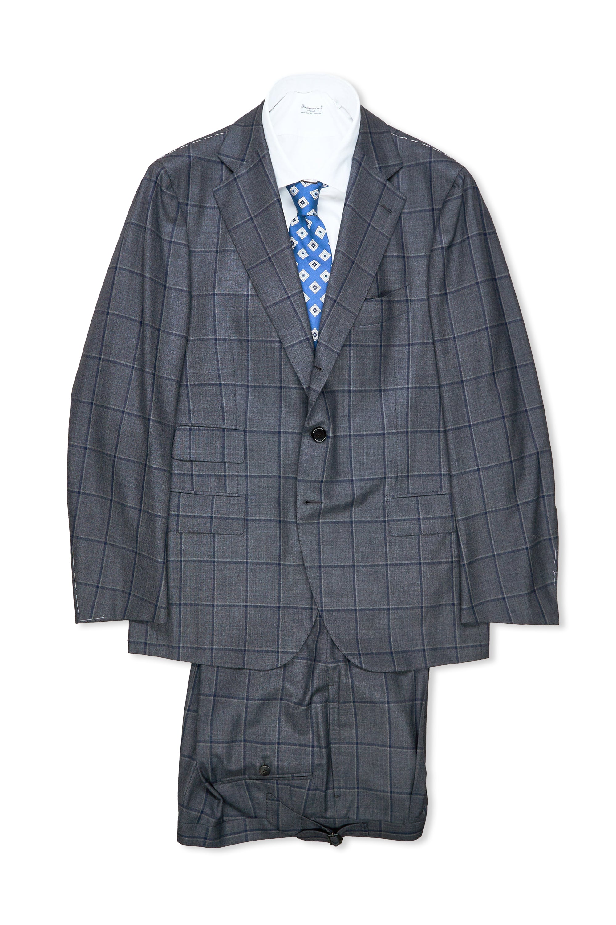 Cesare Attolini Grey with Navy Windowpane Wool/Cashmere Suit