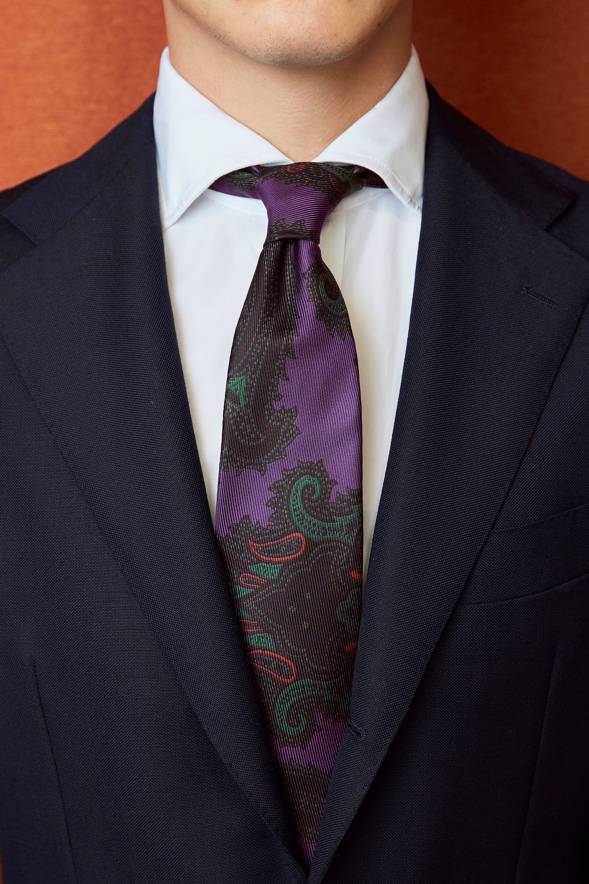 Drake's Purple with Green/Black/Orange Paisley Silk Tie