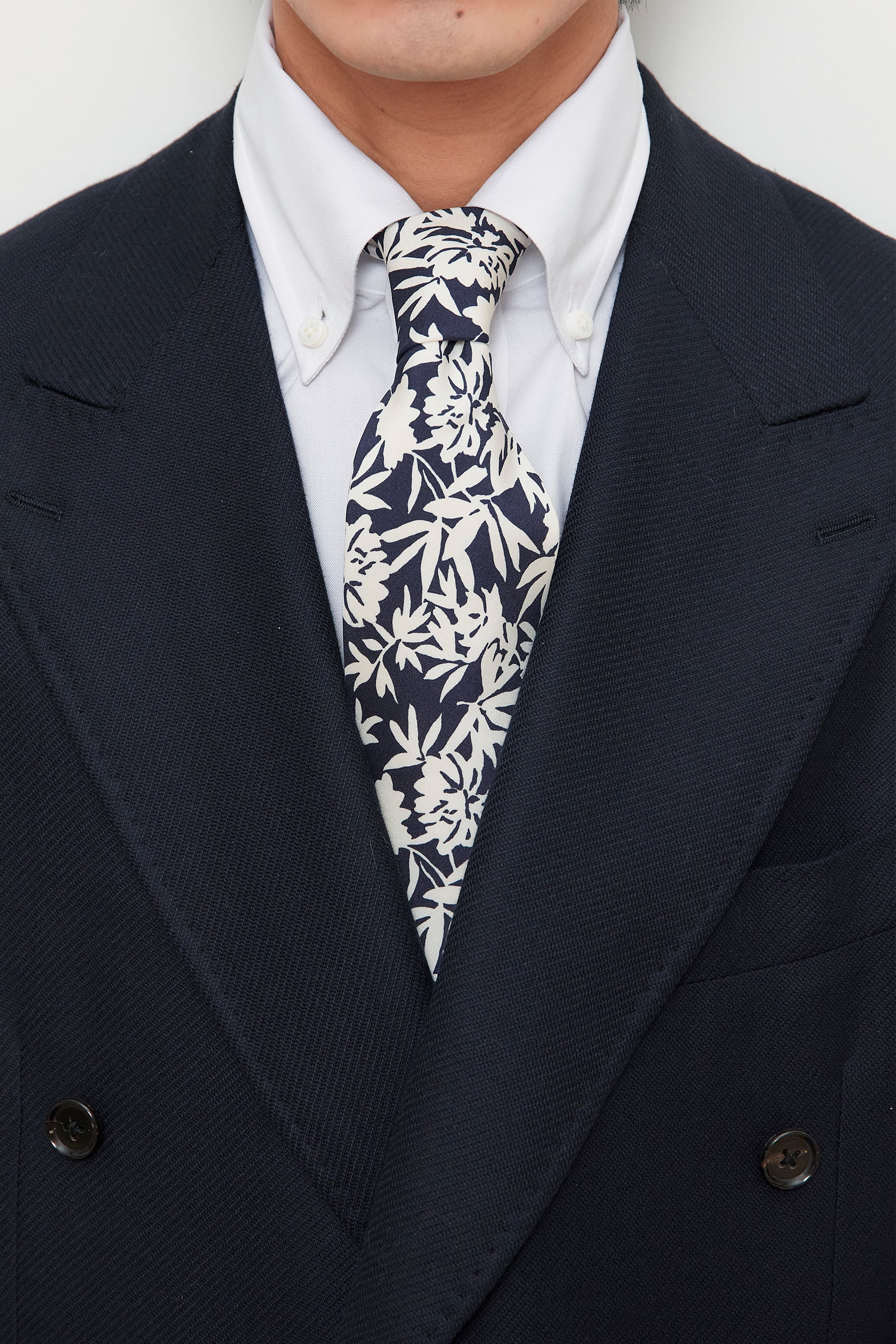 Drake's Blue with White Floral Pattern Silk Tie