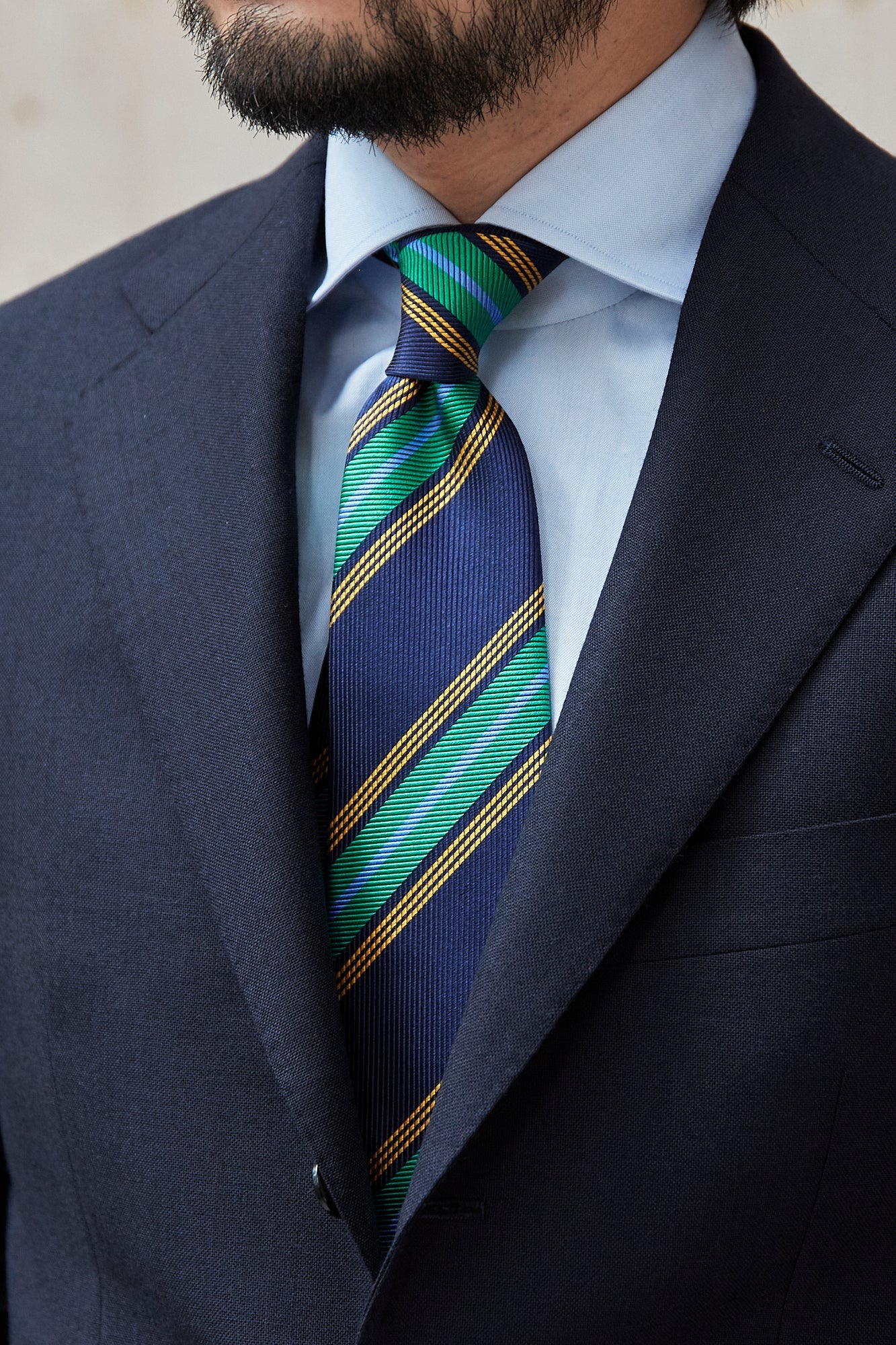 Drake's Navy with Green/Light Blue/Yellow Stripe Herringbone Silk Tie
